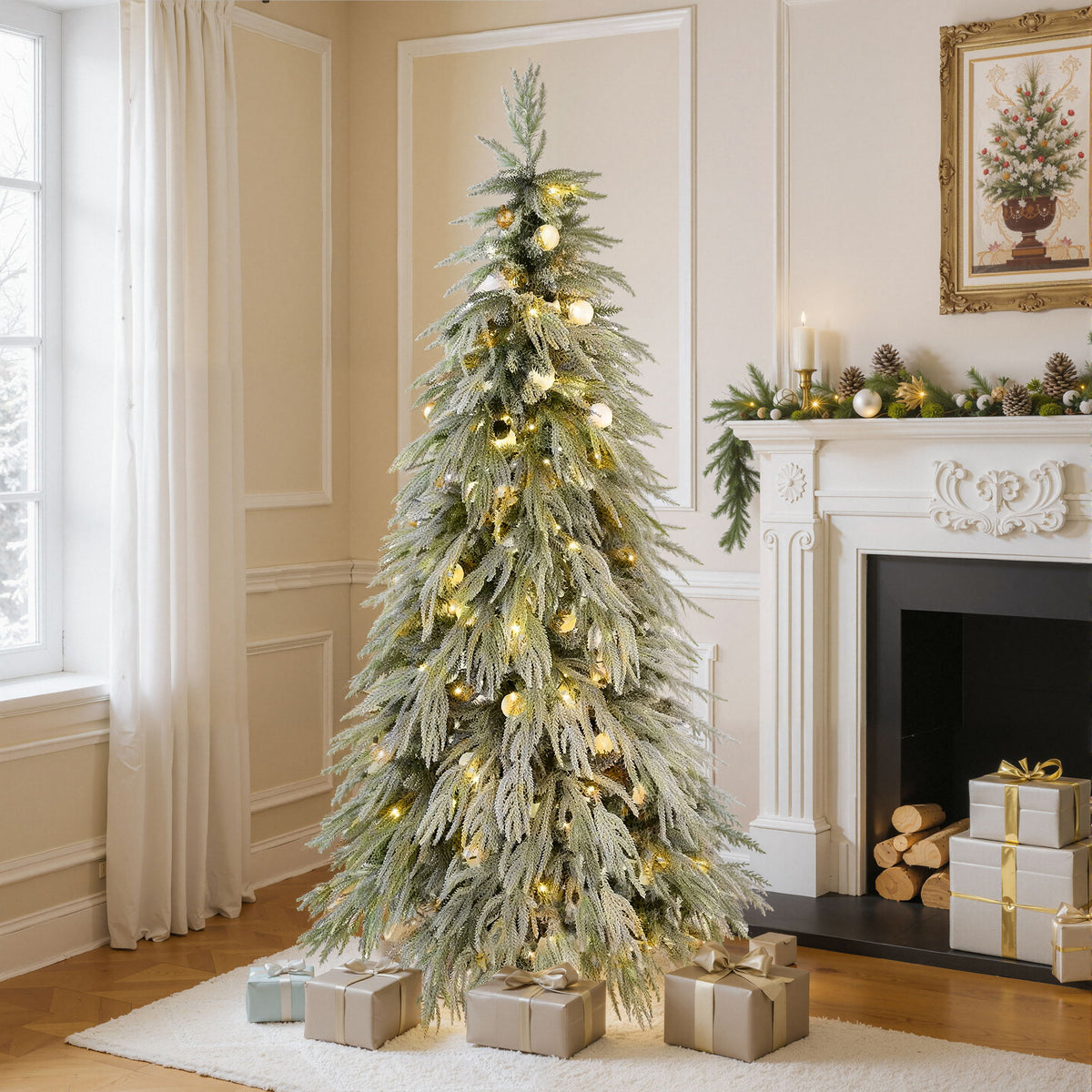 5Ft Pre Lit Spruce Snow Flocked Christmas Tree With LED Lights, Artificial Hinged Xmas Tree - White / Green