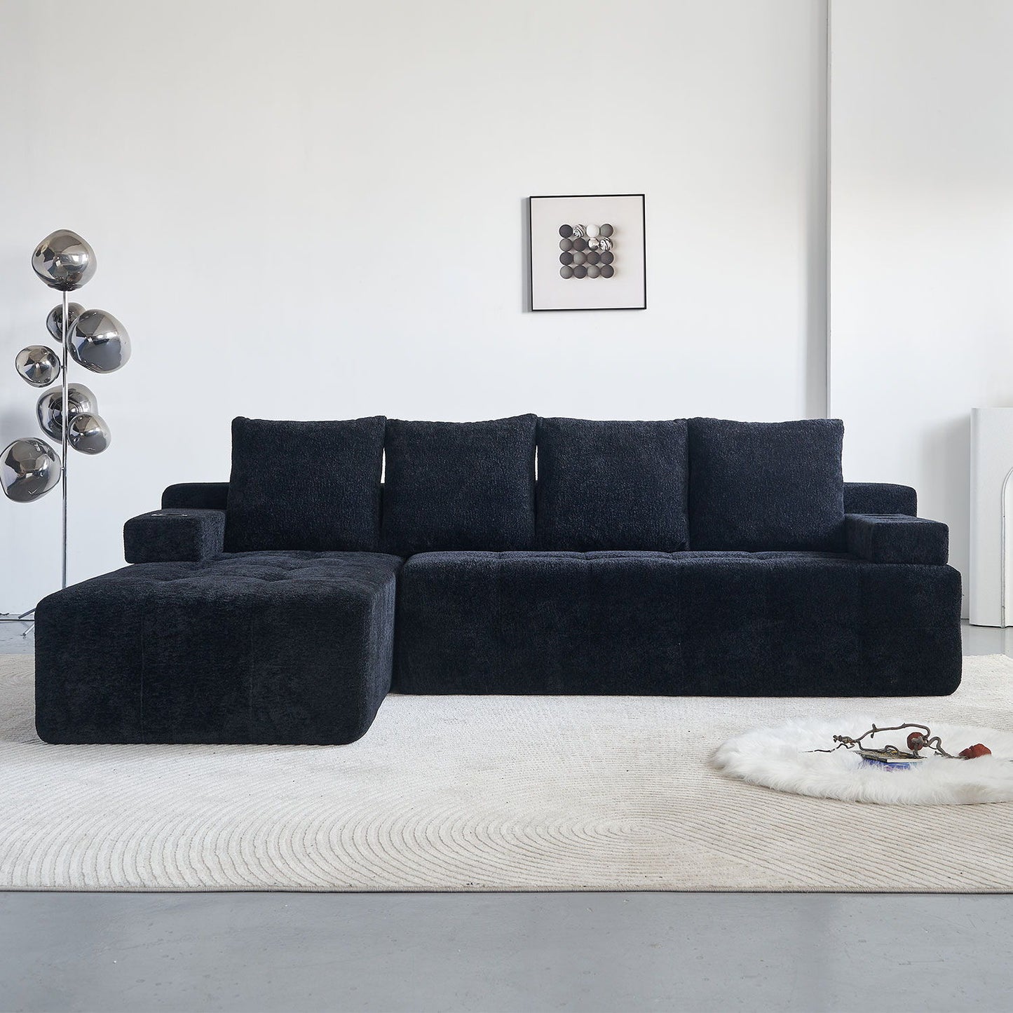 L - Shaped Sectional Sofa With Side Pockets, Wireless Charging, USB Ports, Cup Holder, Bluetooth Speaker, Reversible Lounge Chaise - Black