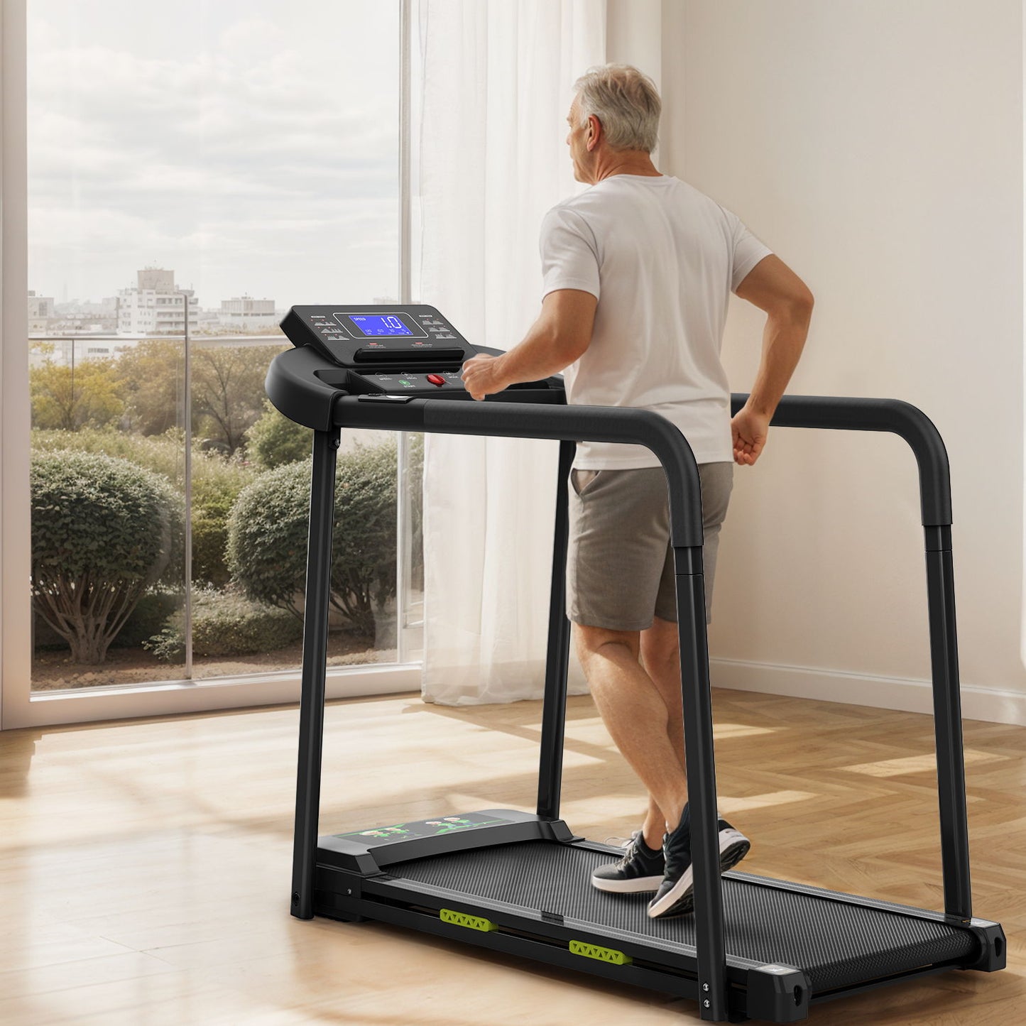 Walking Pad Treadmill With Foldable Design, Large LED Display, Stable Handrails - Black