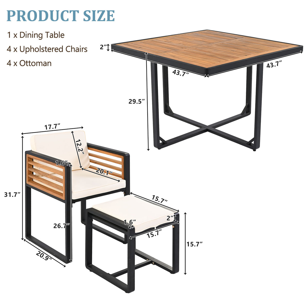 Acacia Wood Patio Dining Set, Cushioned Chairs & Ottomans Square Table