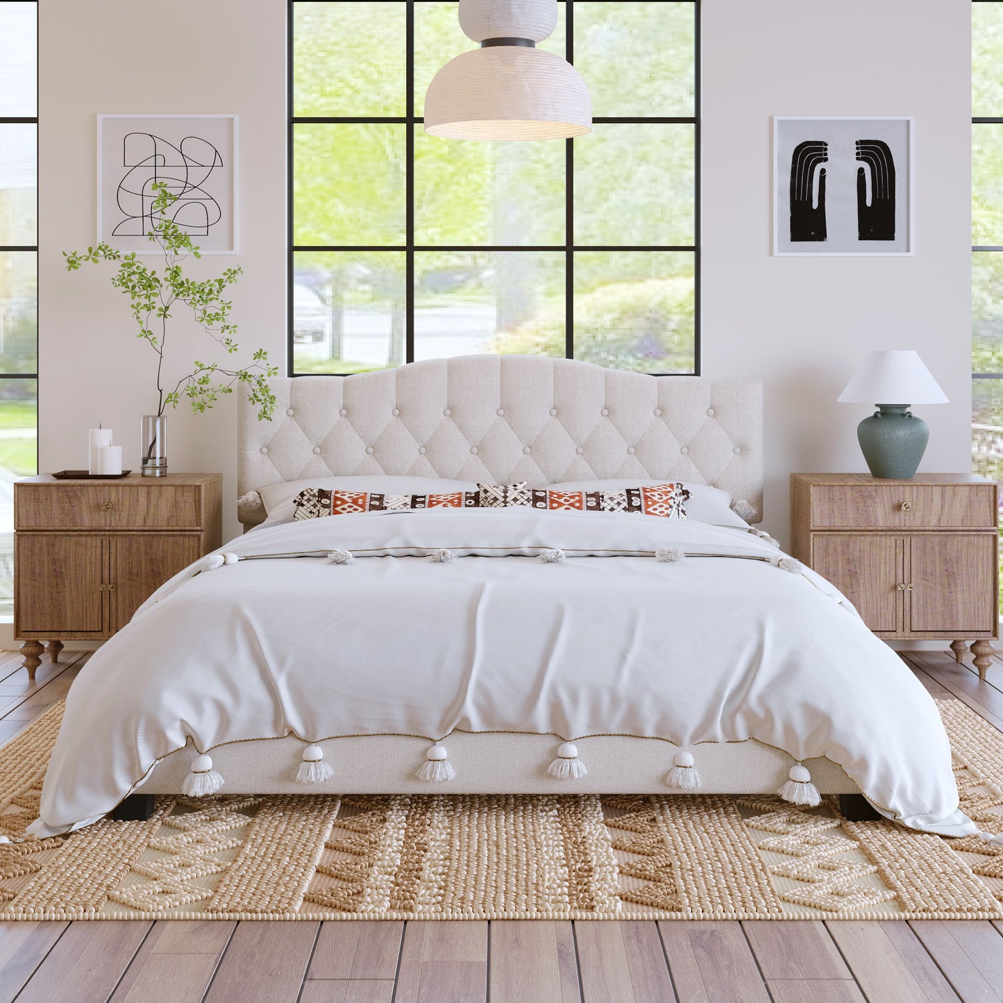 King Upholstered Platform Bed With Curved Adjustable Headboard And Diamond Tufted Details, No Box Spring Needed - Beige