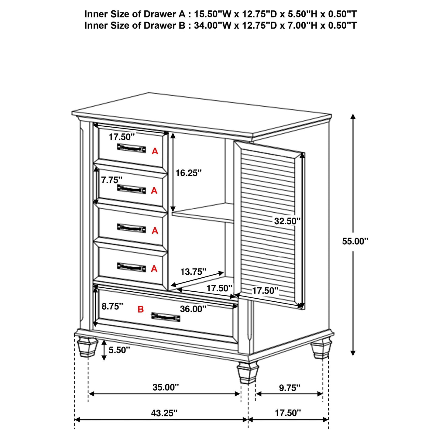 Lockeford - 5 Drawer Door Chest - White