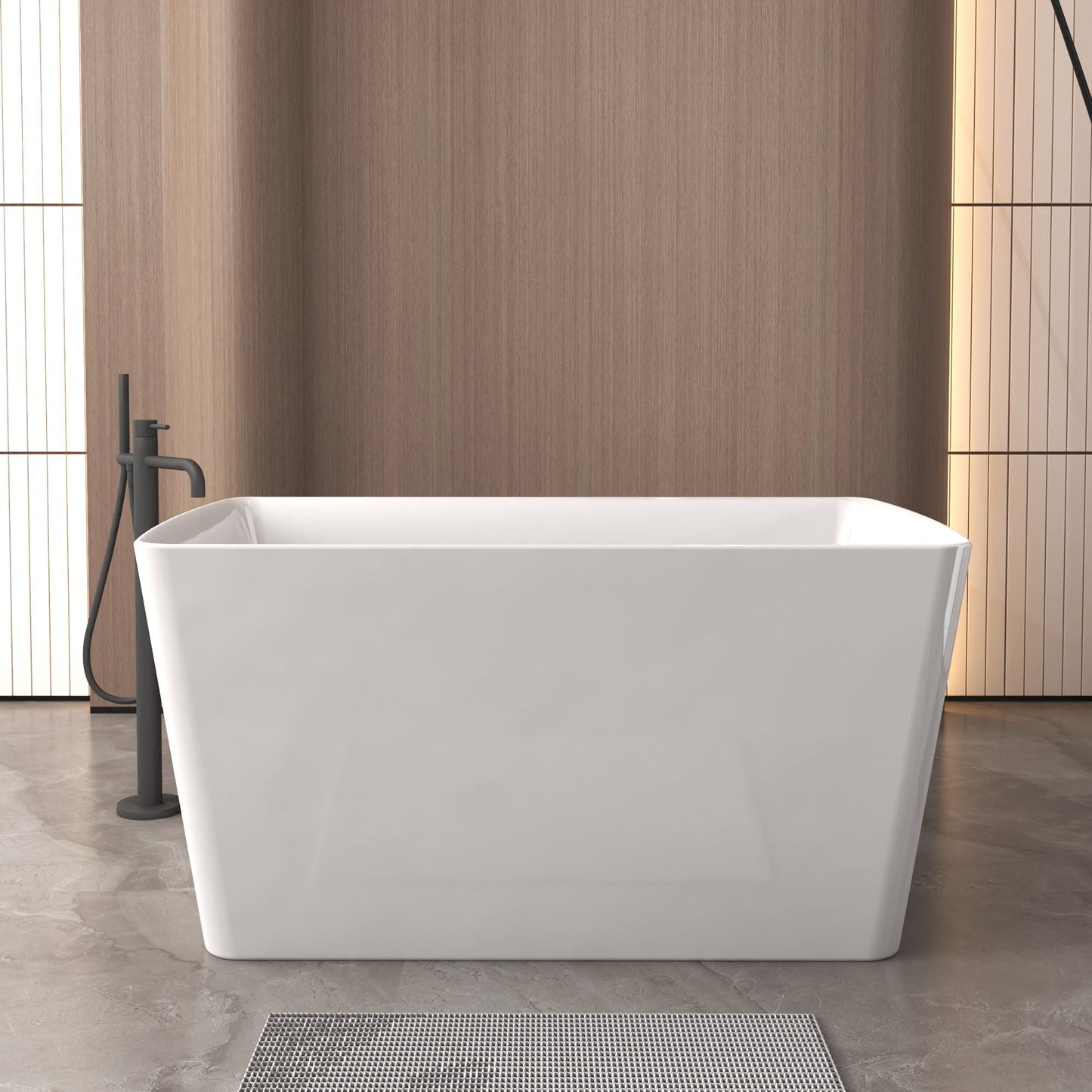 Freestanding Bathtub With Built In Seat, Rectangle Shape, Invisible Overflow & Pop Up Drain - Gloss White