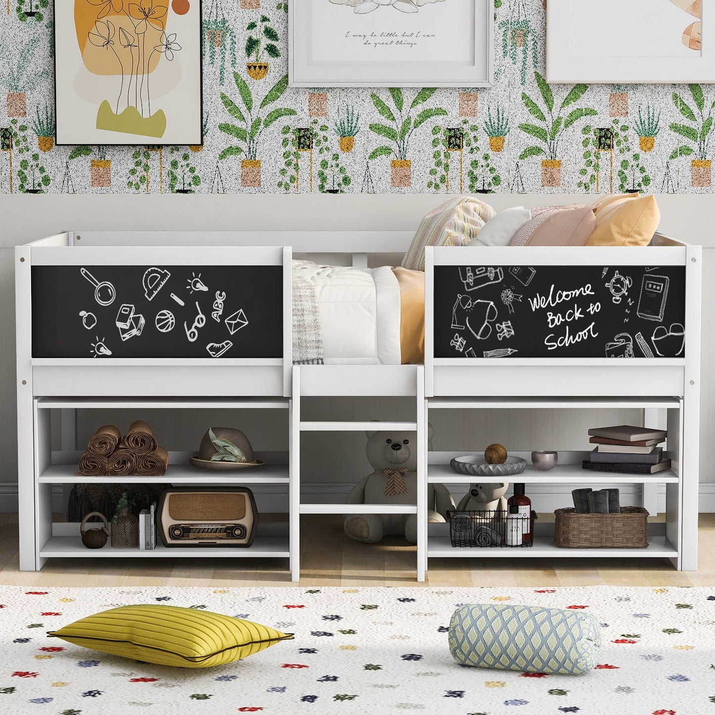 Low Loft Bed With Movable Shelves And Ladder, Decorative Chalkboard Guardrail