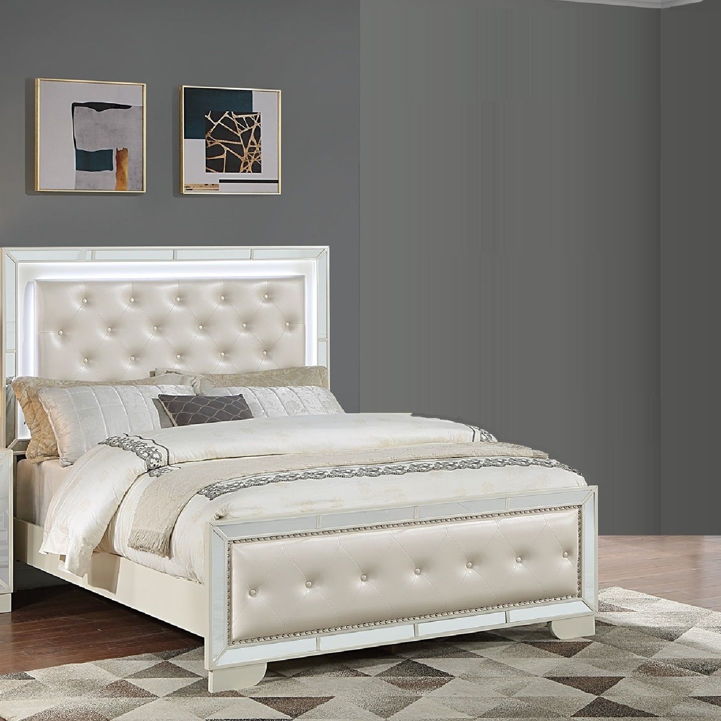 Eastern King Size Bed With LED Lights And Mirror Trim - Cream / Ivory