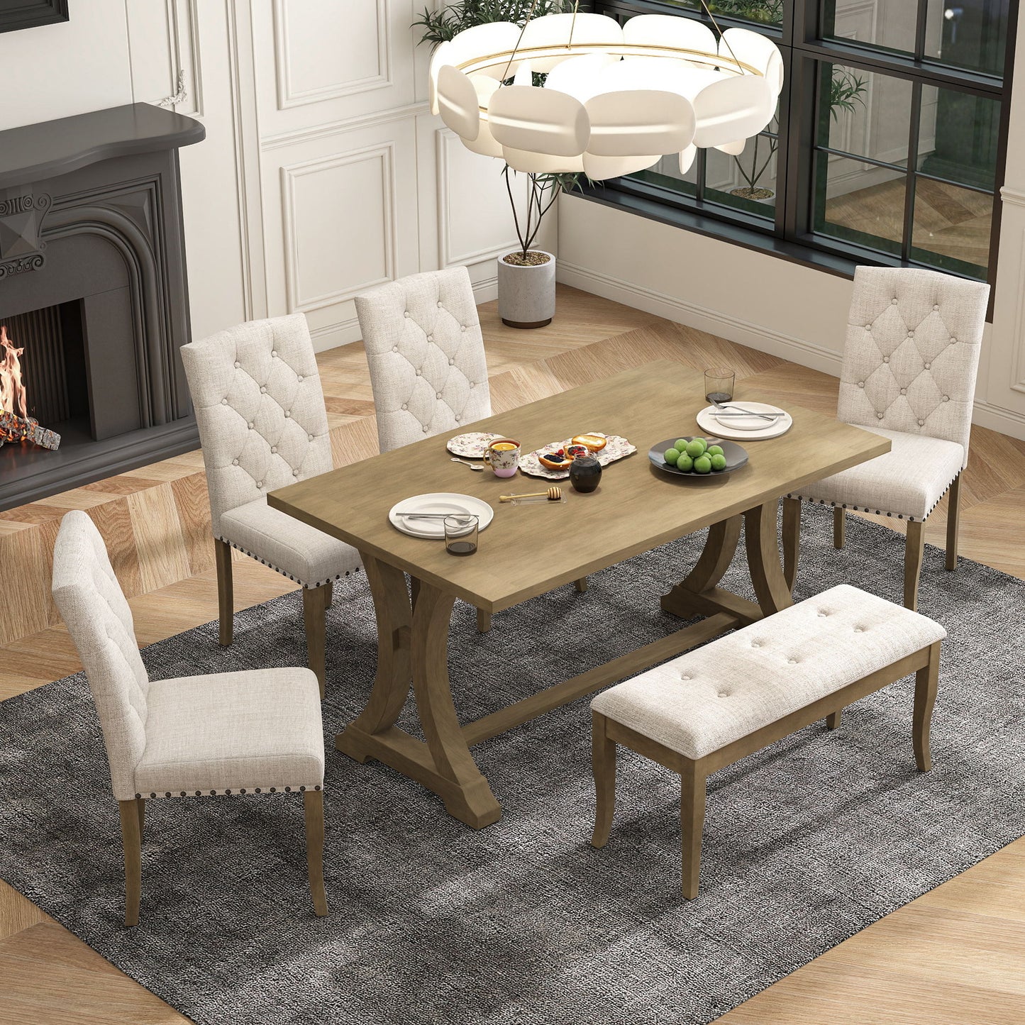 Dining Table Set With 4 Upholstered Chairs And Bench