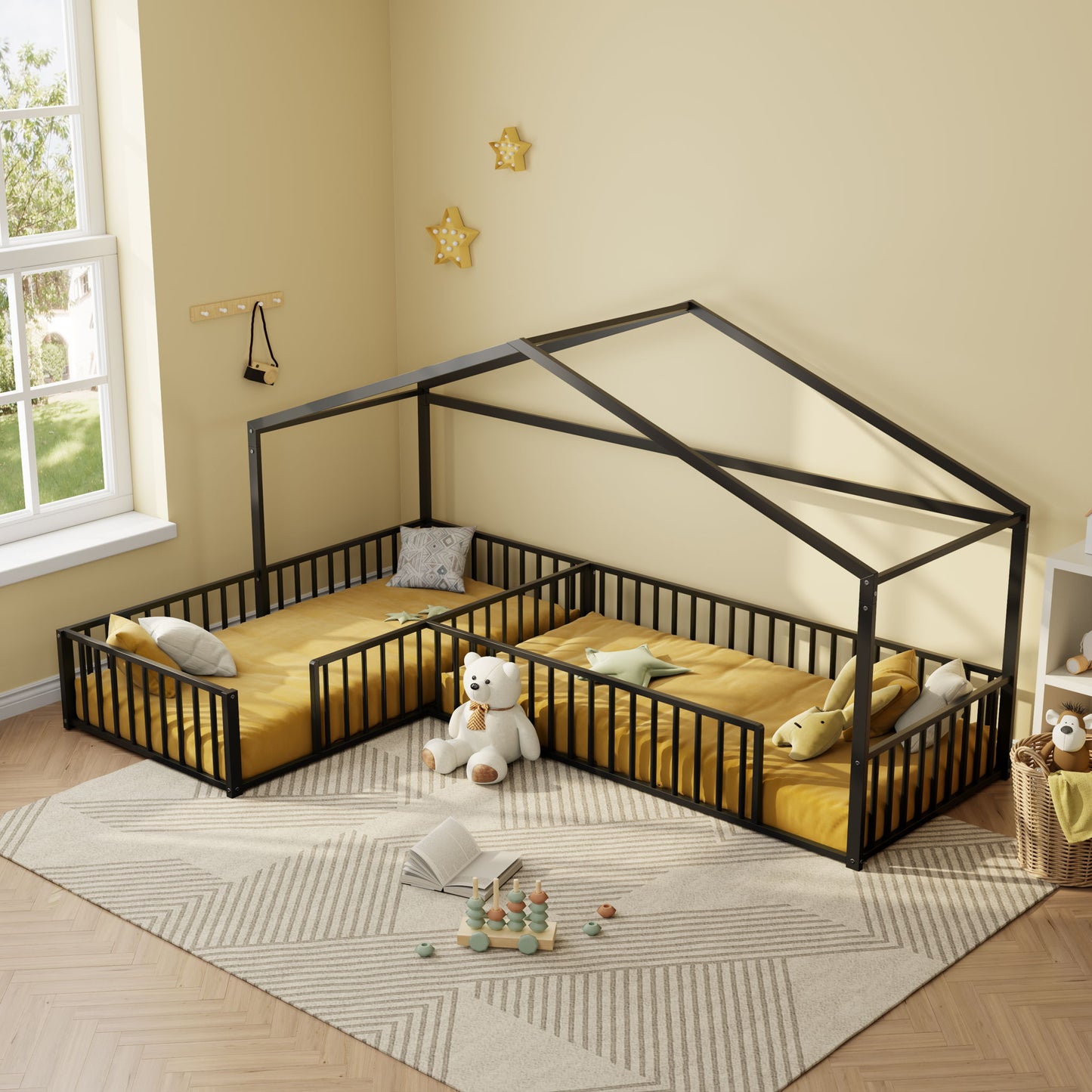 L-Shaped Montessori Bed For 2 Kids With Partitioned Fence