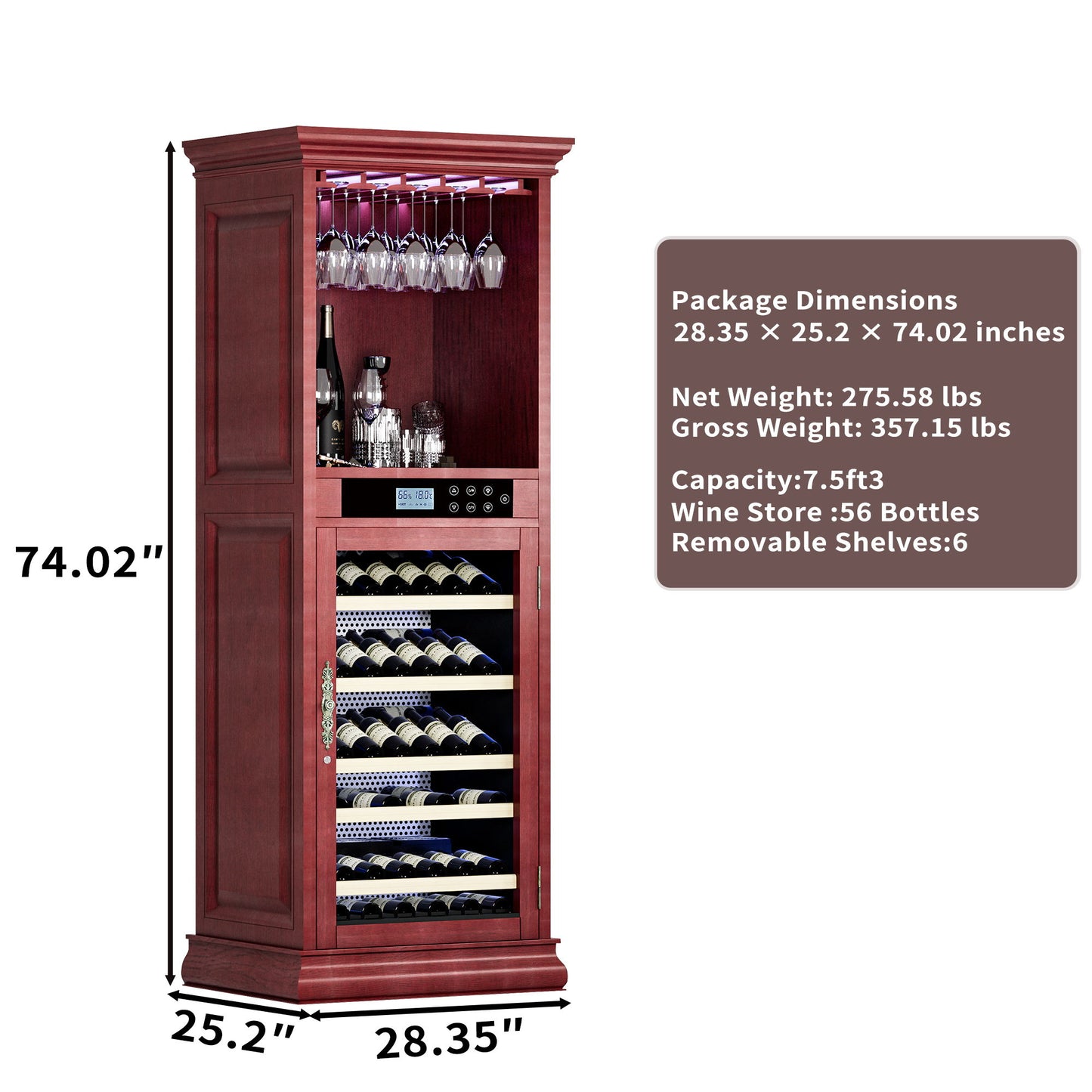 Single Zone Wine Cooler With Tempered Glass Door LED Lighting, 56 Bottle Capacity, Touch Screen Control - Cherry