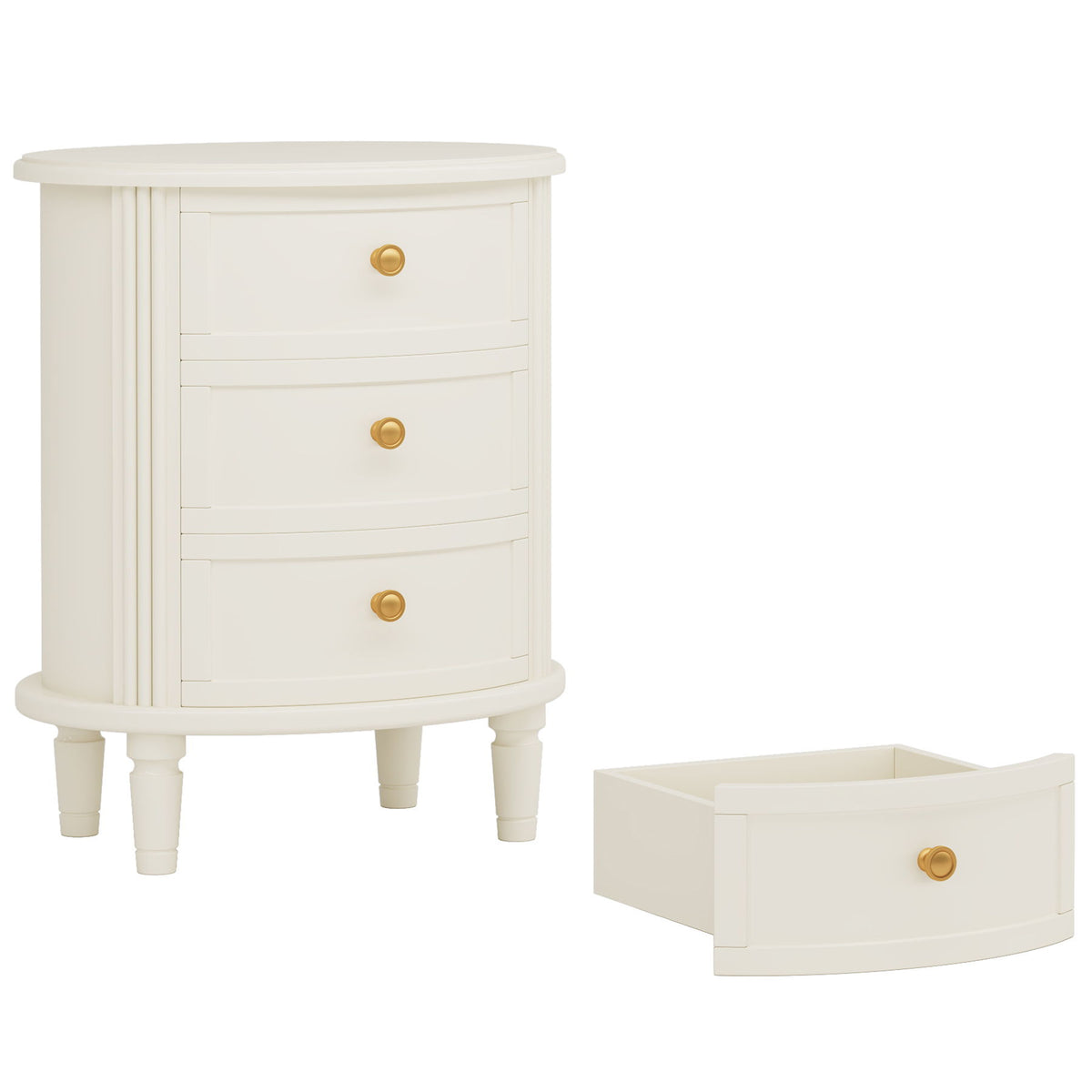 Oval Nightstand With 3 Drawers, Bedside Table - White