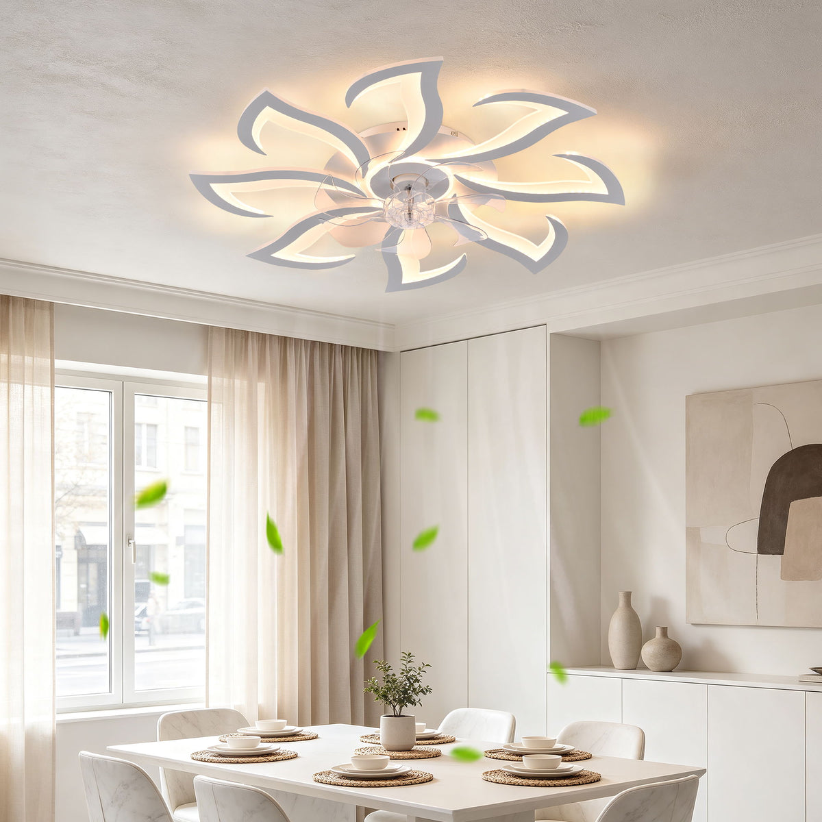 Flower Ceiling Fan With Remote Controlled LED Light, Flush Mount DC Motor Fan