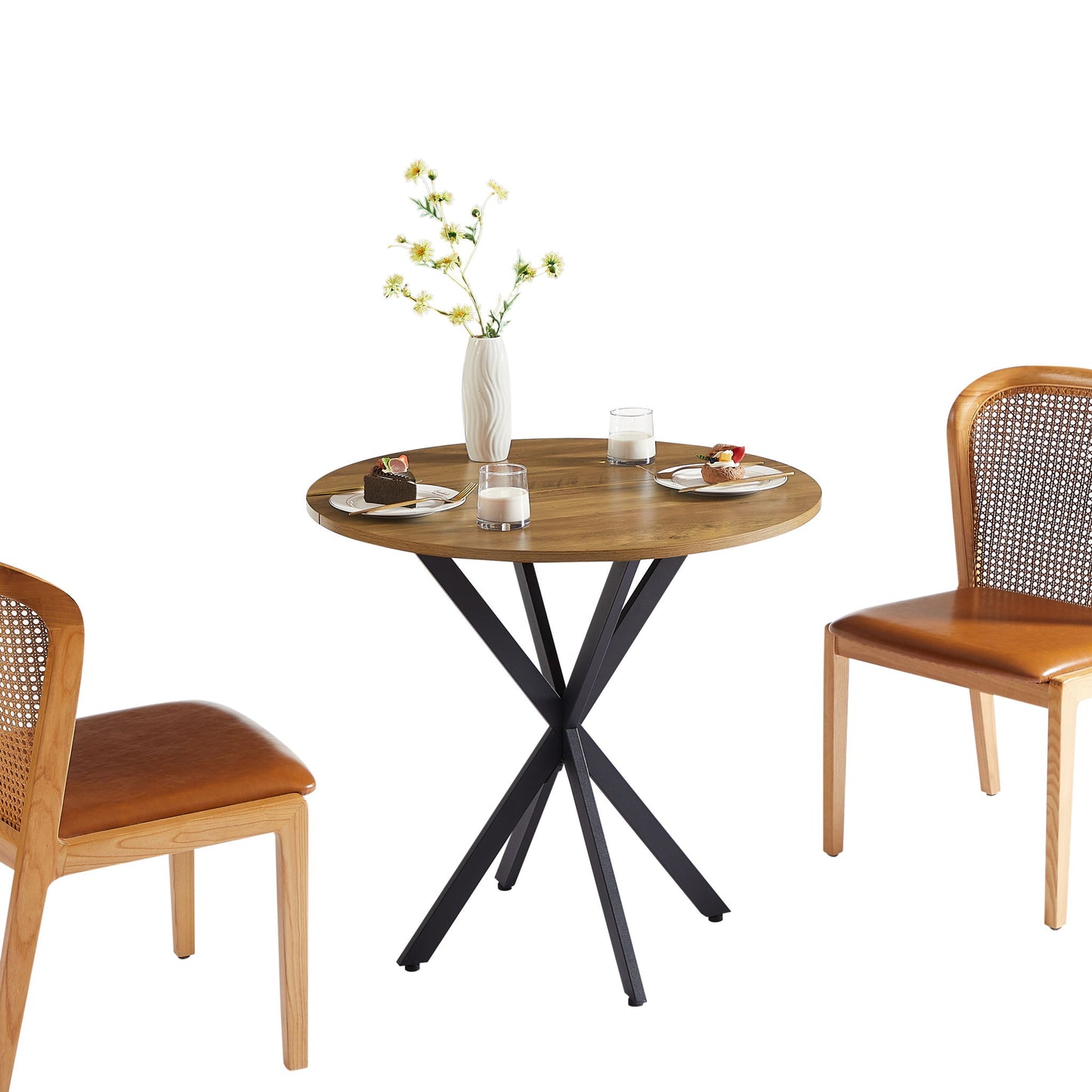 Vintage Round Dining Table With Metal Legs For 2 - 4 People, Wood Top - Brown