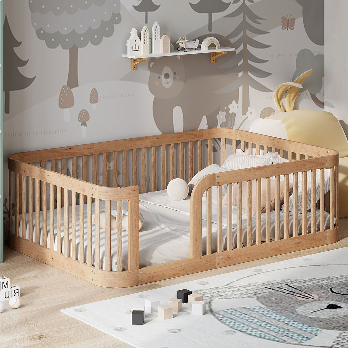 Wood Floor Bed Frame With Fence