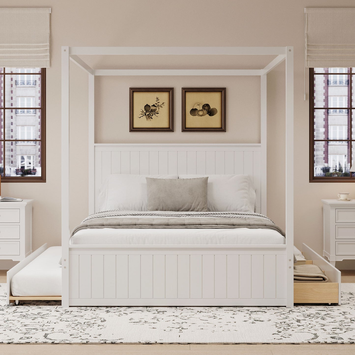 Canopy Platform Bed With Trundle And 3 Storage Drawers
