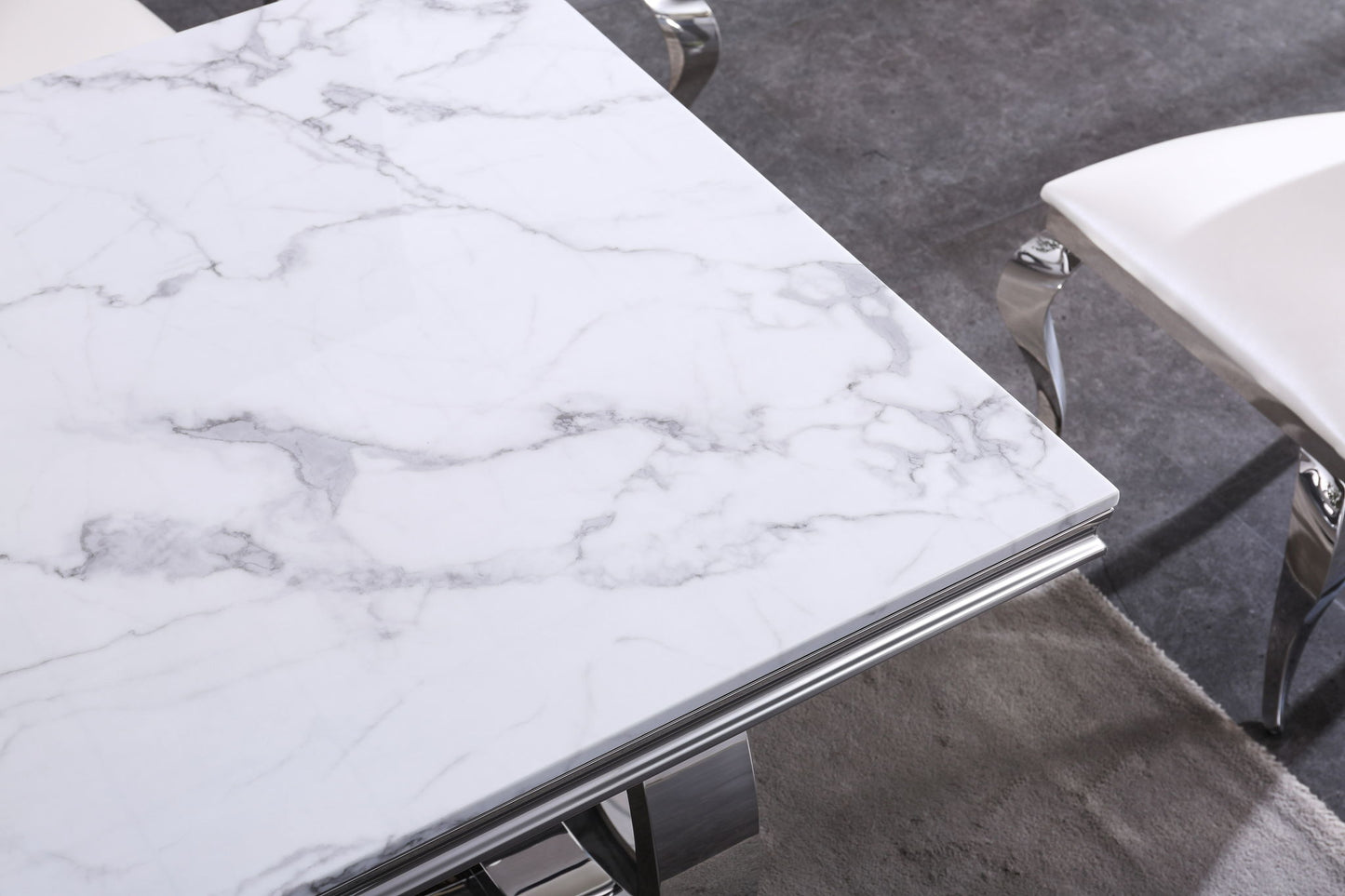 Modern Rectangular Marble Printing Dining Table, Double U Shape Stainless Steel Base With Mirrored Finish