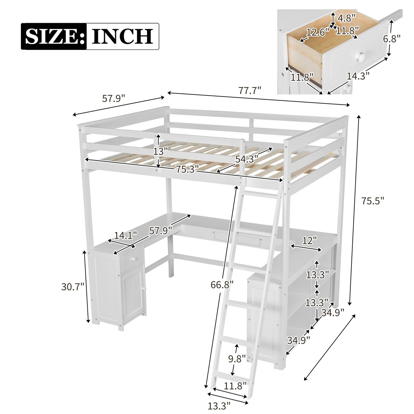 Loft Bed With U Shaped Desk, Drawers, And Storage Shelves