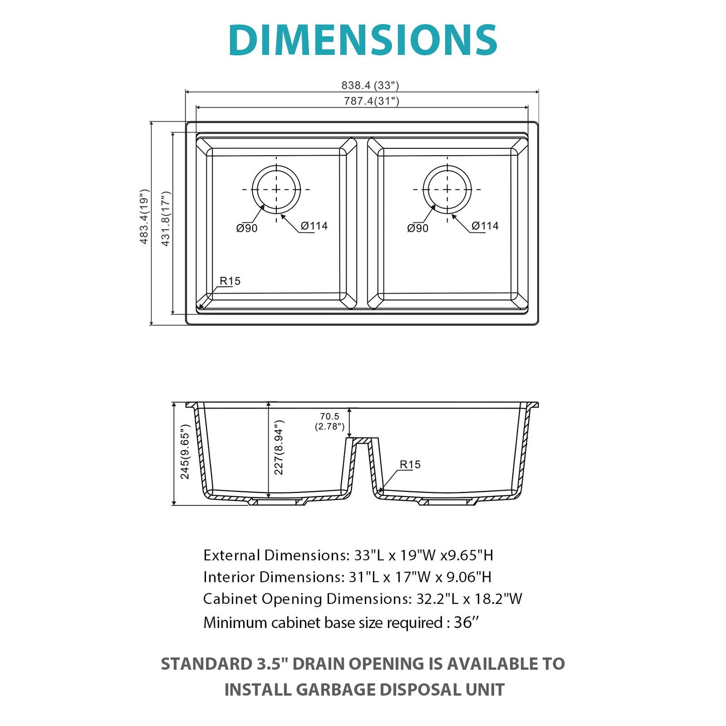 Quartz Kitchen Sink, Double Bowl Undermount Workstation