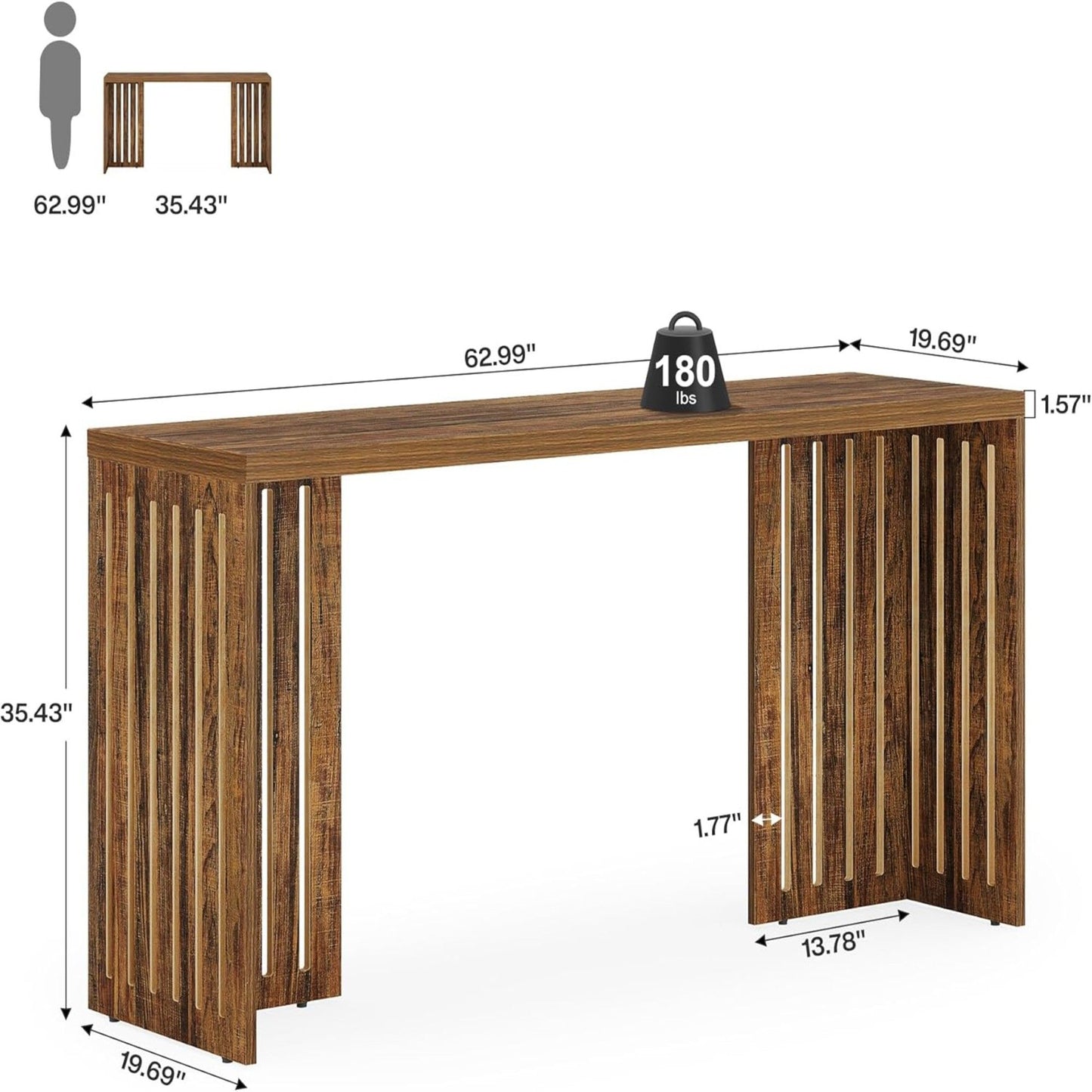 Narrow Counter Height Pub Table With Louvered Base For Kitchen - Rustic Brown