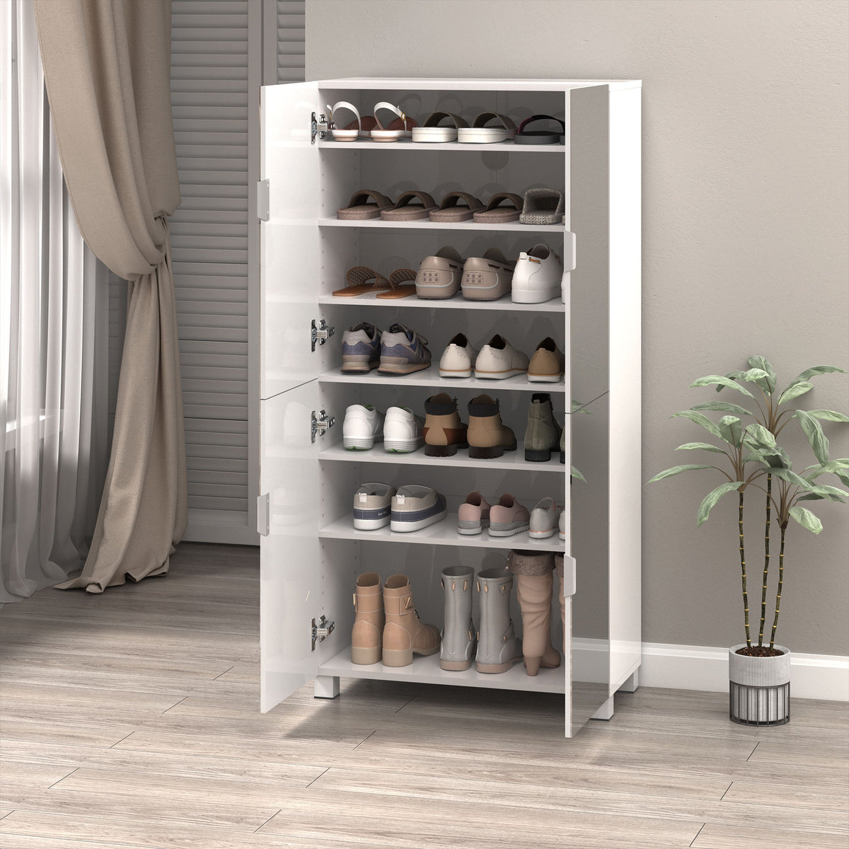 Shoe Cabinet With 4 Mirror Doors 50" Tall Entryway Storage, 8 Adjustable Shelves, Holds 24 32 Pairs (Size 15), Dust Proof Closet For Hallway / Apartment, Ventilation Holes - White