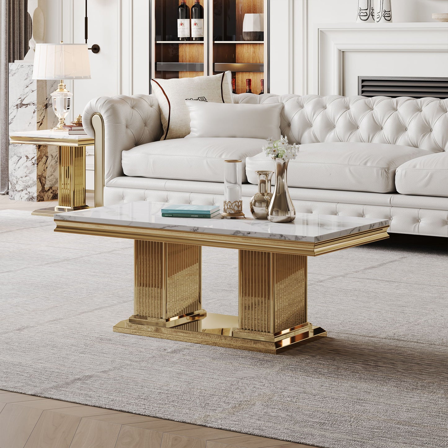 Printed Top Rectangular Console Table, Base With Mirrored Finish