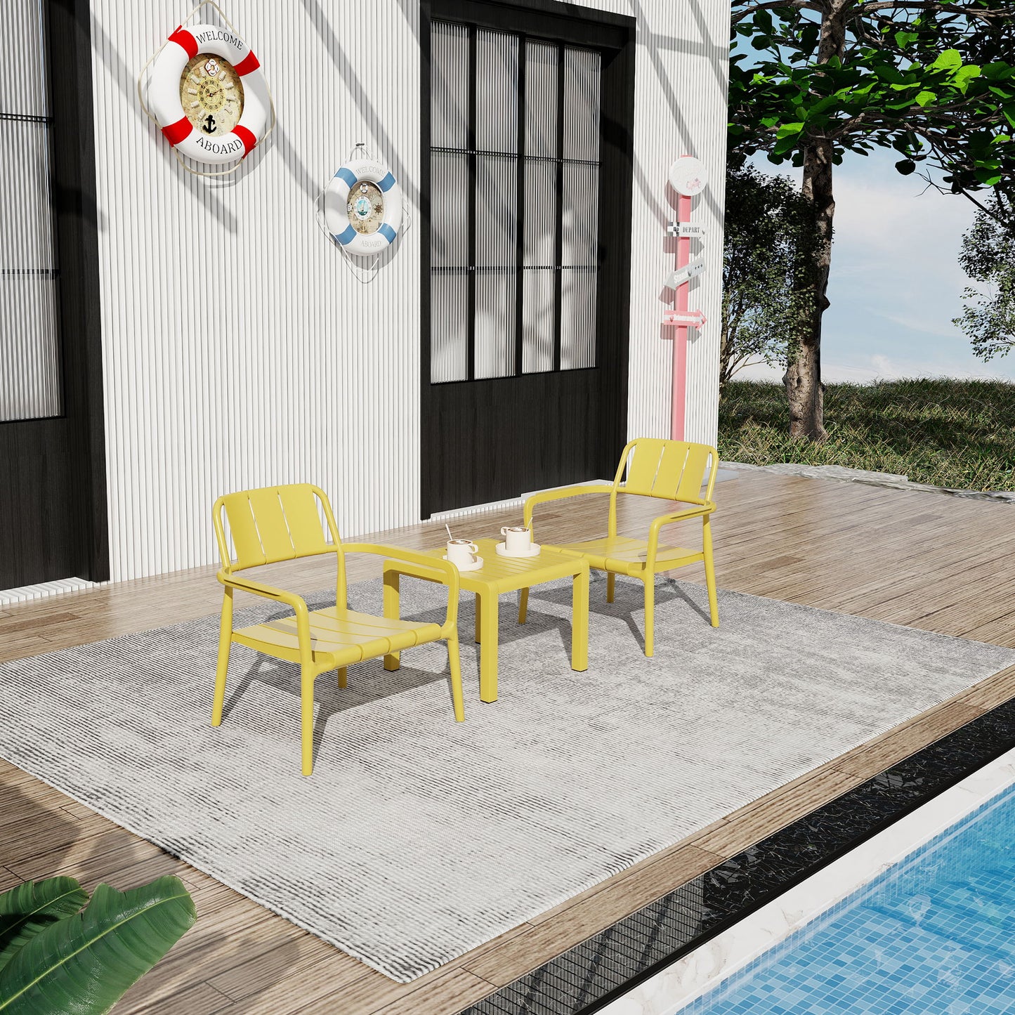 3 Piece Indoor / Outdoor Leisure Table And Chair Set (2 Chairs And 1 Coffee Table), UV Resistant, Waterproof And Durable - Brick Yellow