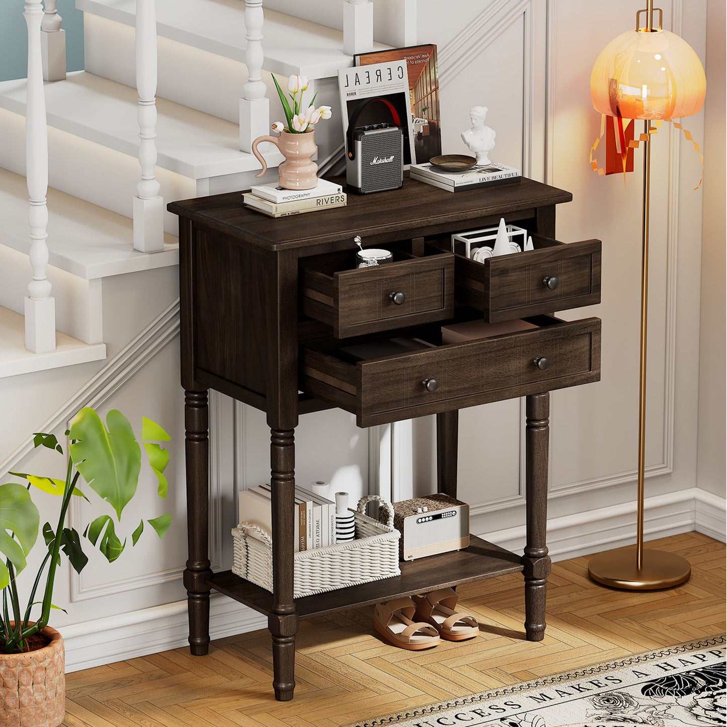 Narrow Console Table With 3 Storage Drawers And Bottom Shelf - Brown