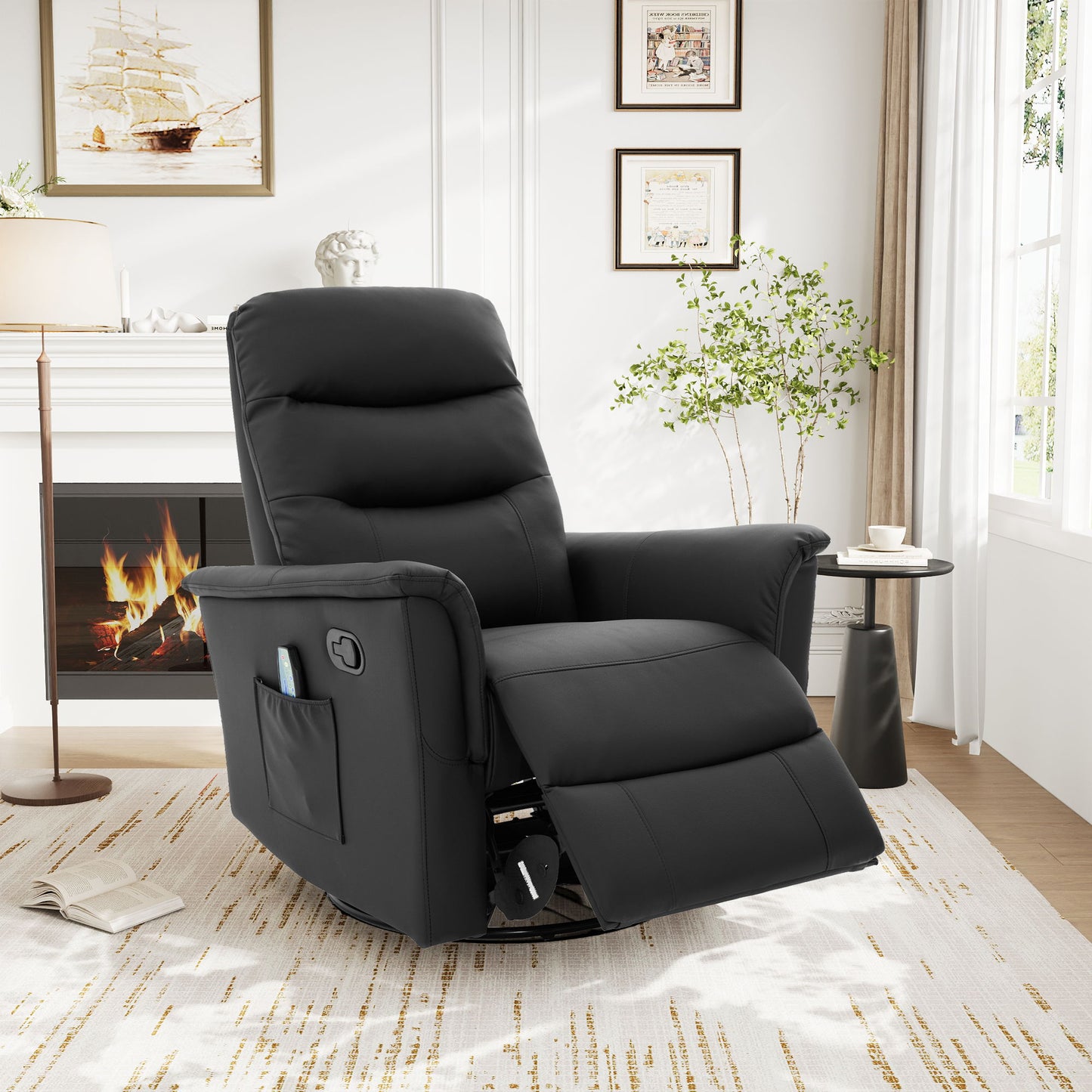 Manual Recliner Chair With 8 Point Massage And Swivel Function For Living Room - Black