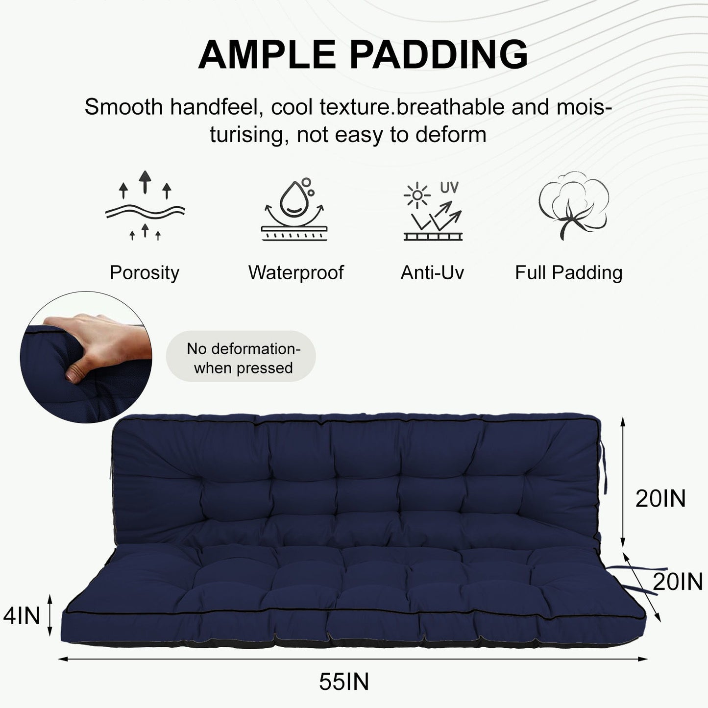 3 Seater Outdoor Porch Swing Cushion With Backrest, Waterproof