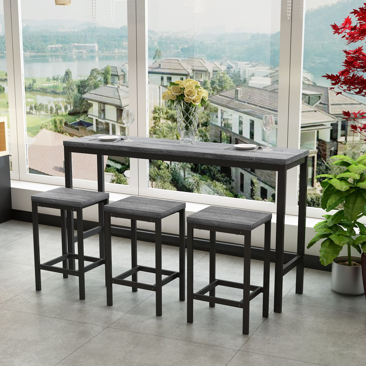 Modern Design Long Dining Table Set With 3 Stools