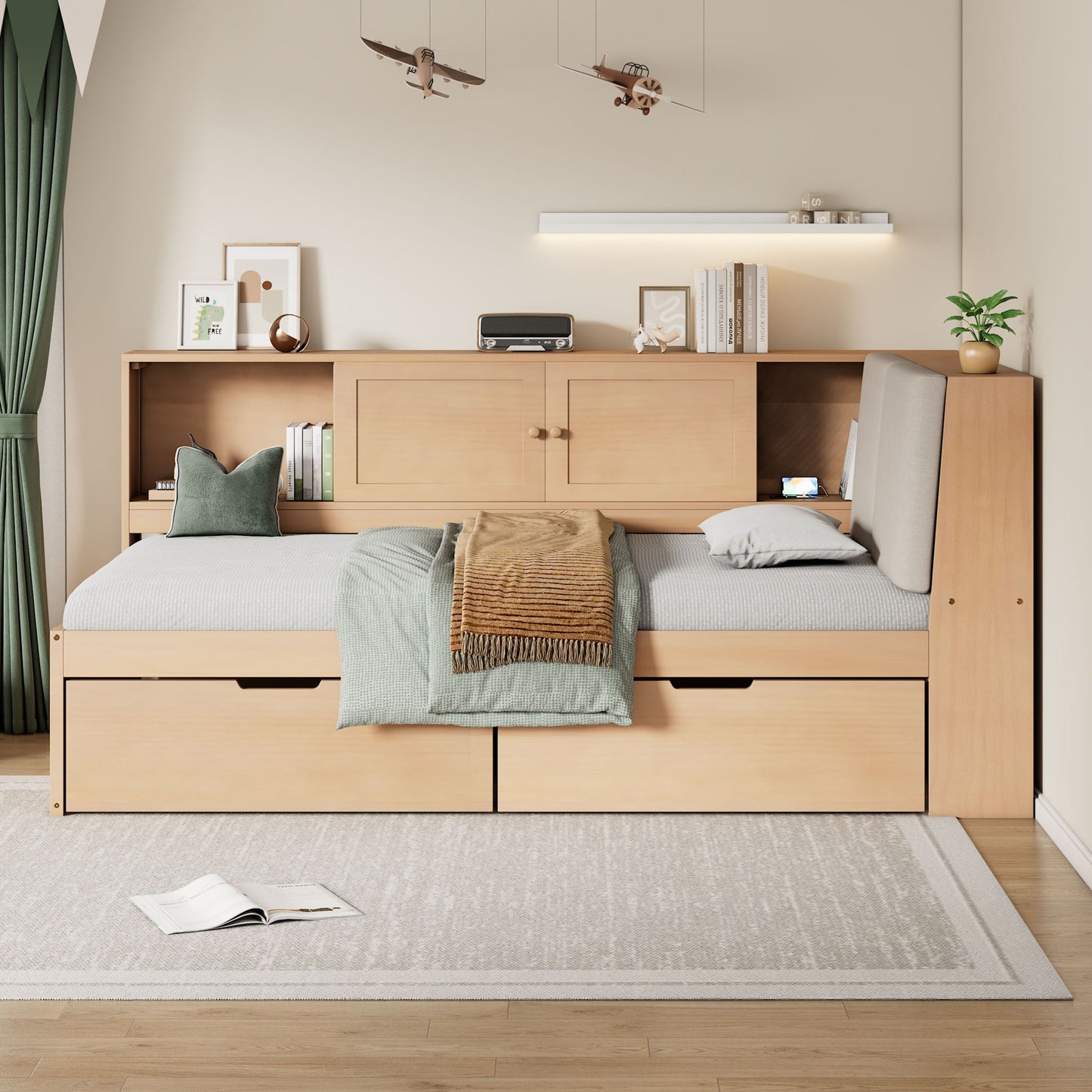 Twin L - Shaped Daybed With Storage Bookcase, Upholstered Headboard, USB Charging Ports & Hidden Drawers - Natural