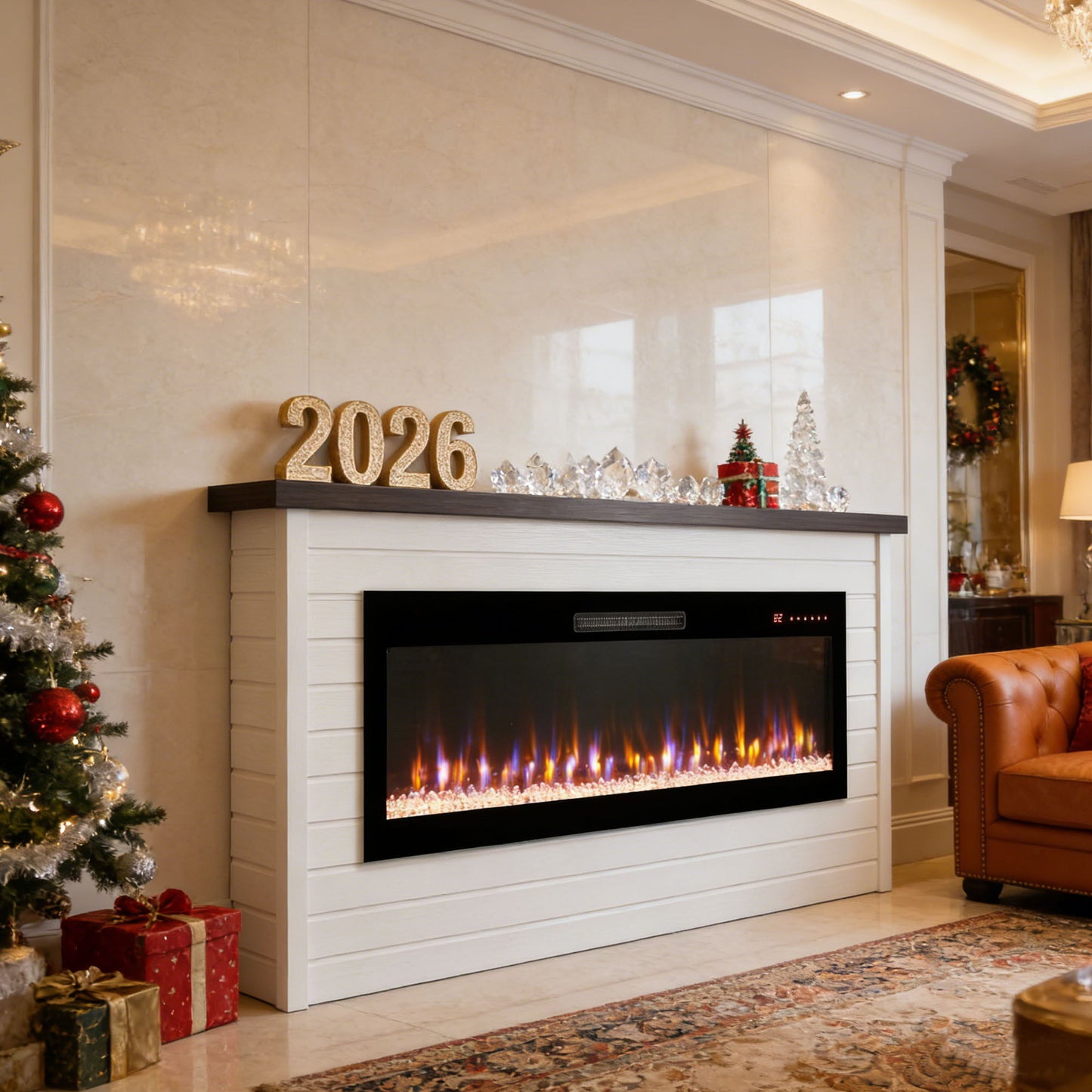 65" Electric Fireplace With Wall Mantel, 50" Fireplace Insert Heater, Remote Control, Timer For Living Room - Antique White
