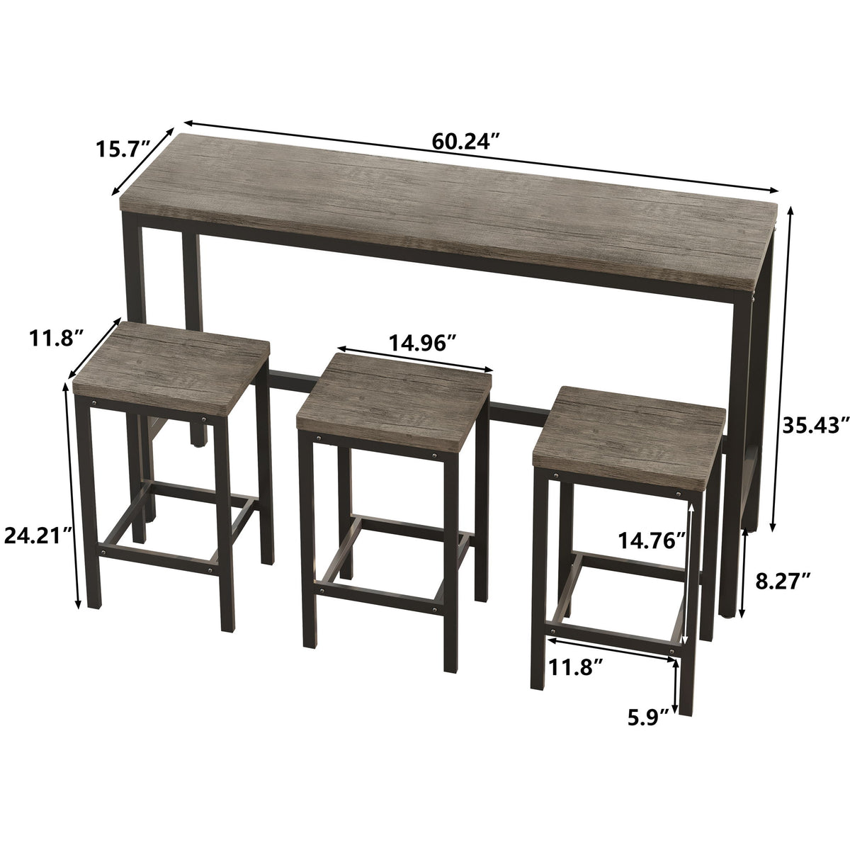 Modern Design Kitchen Dining Table Set With 3 Stools - Brown Gray