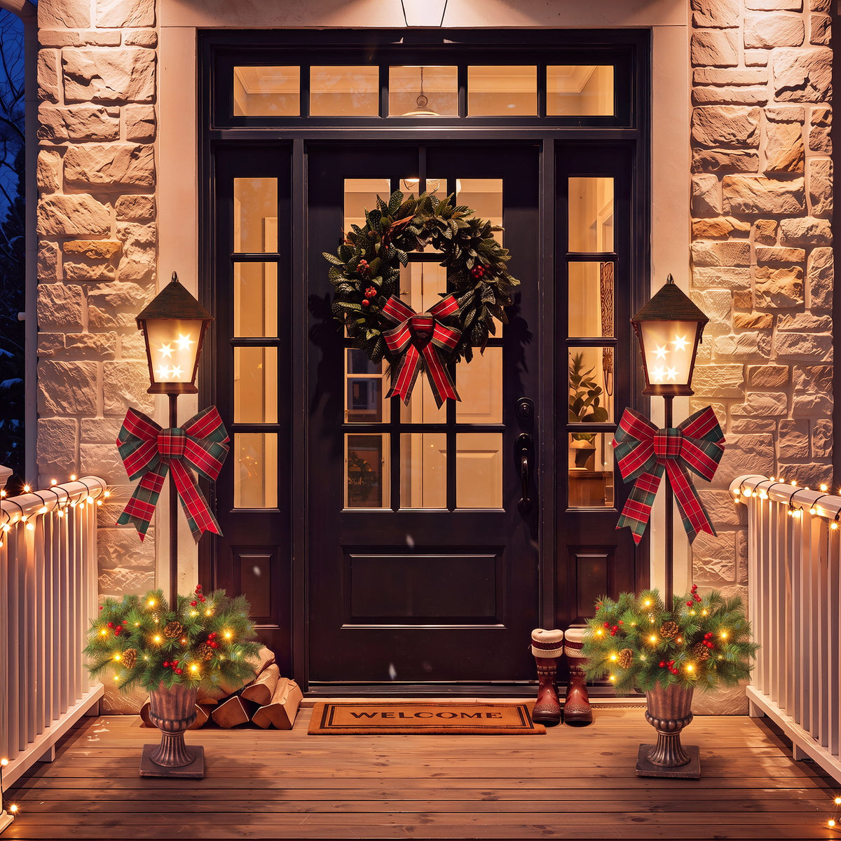 Christmas Lamp Post Decor With Plaid Bow, Artificial Outdoor Holiday Decor (Set of 2) - Brown / Bronze / Green