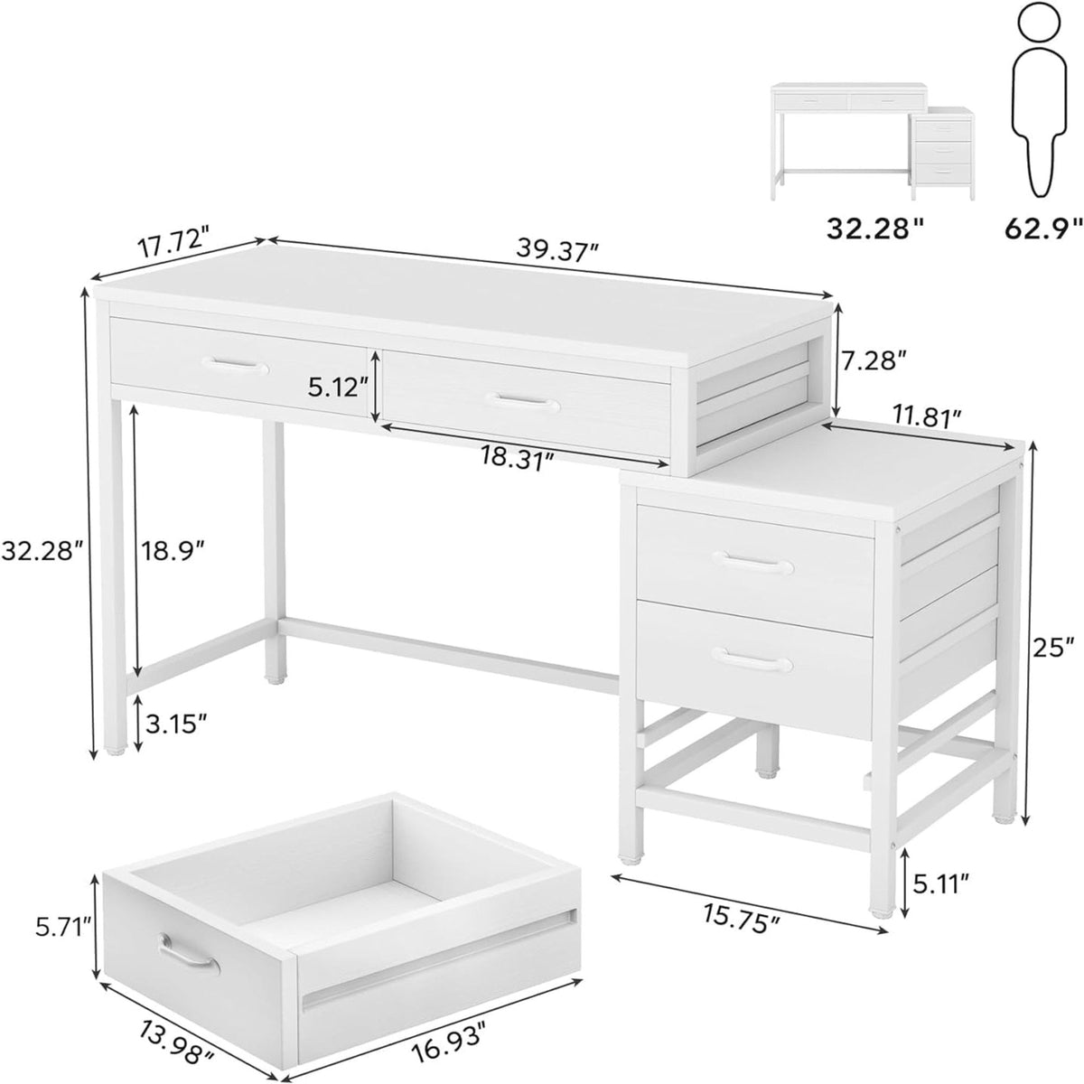 Computer Desk With Reversible 5 Drawer Storage, Frame Writing Table For Small Spaces