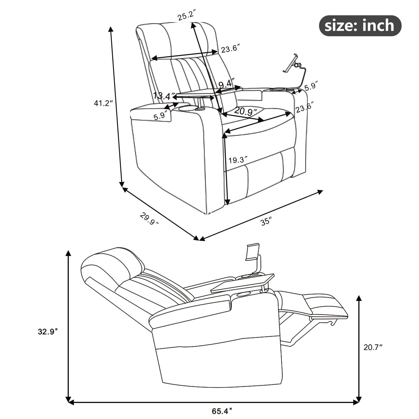 Premium Power Recliner & Storage Arms, Cupholders, Swivel Tray Table And Cell Phone Stand - Black