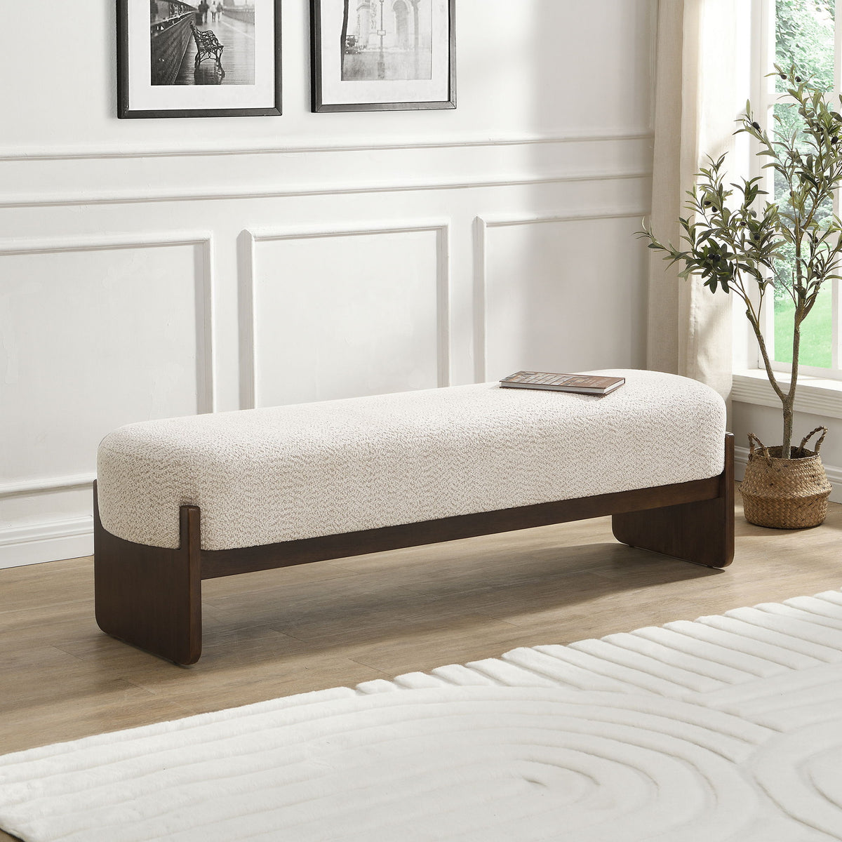 Ottoman With Upholstery, Rectangular Design - Beige / Brown