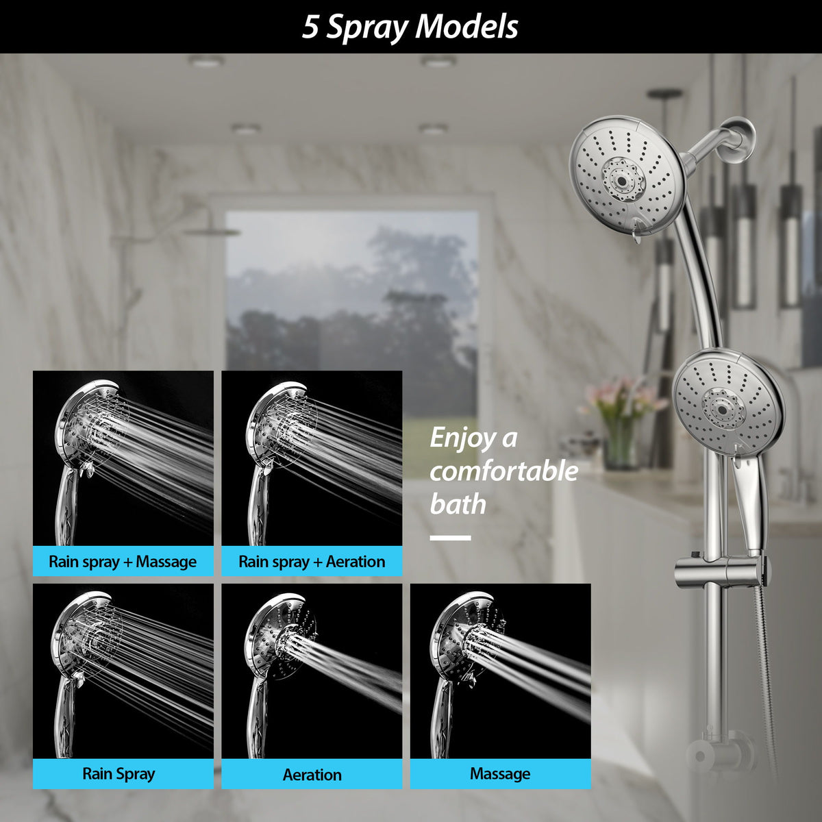 5" Multi Function Dual Shower Head With Adjustable Slide Bar - Chrome