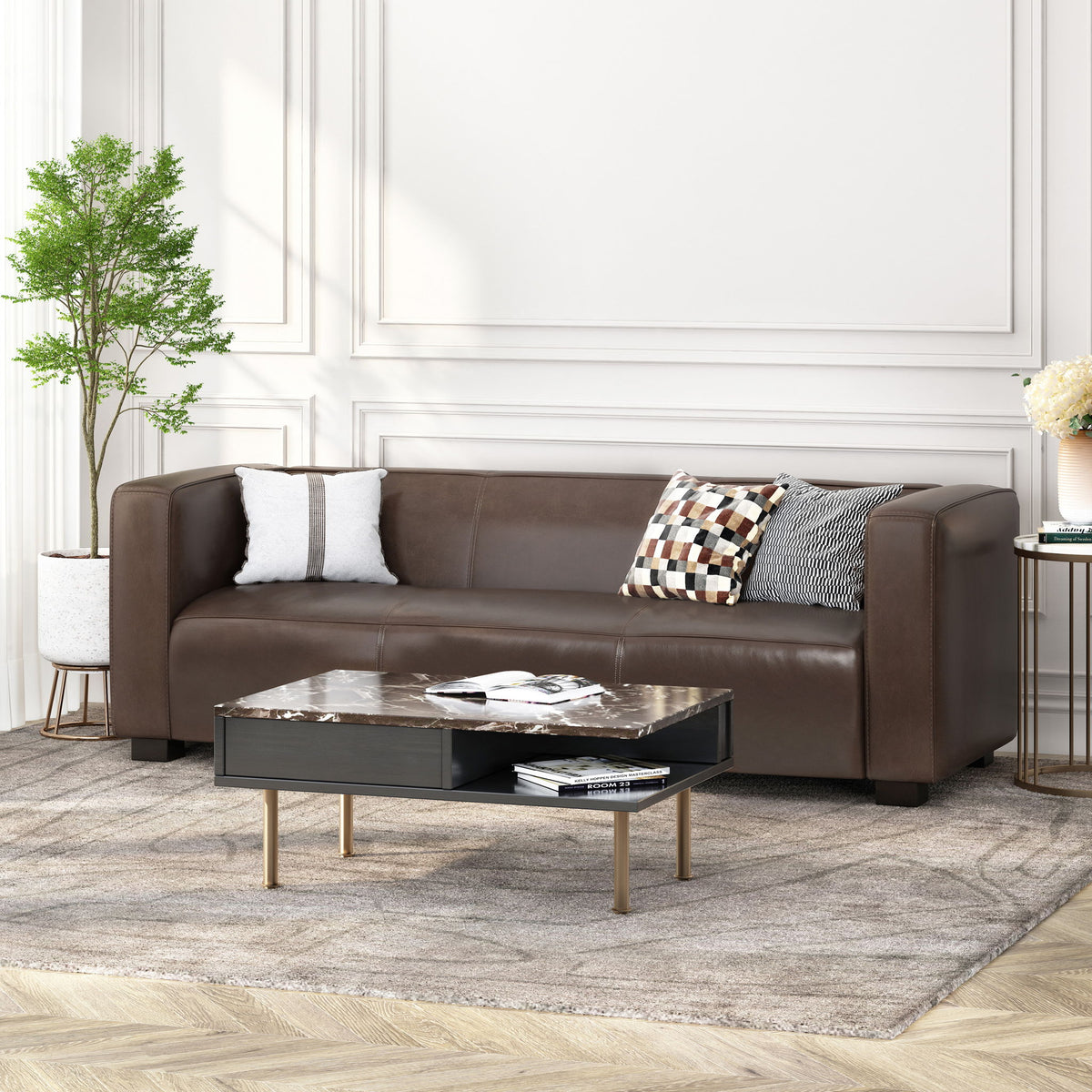 Contemporary 3 Seater Sofa With Tuxedo Design - Dark Brown
