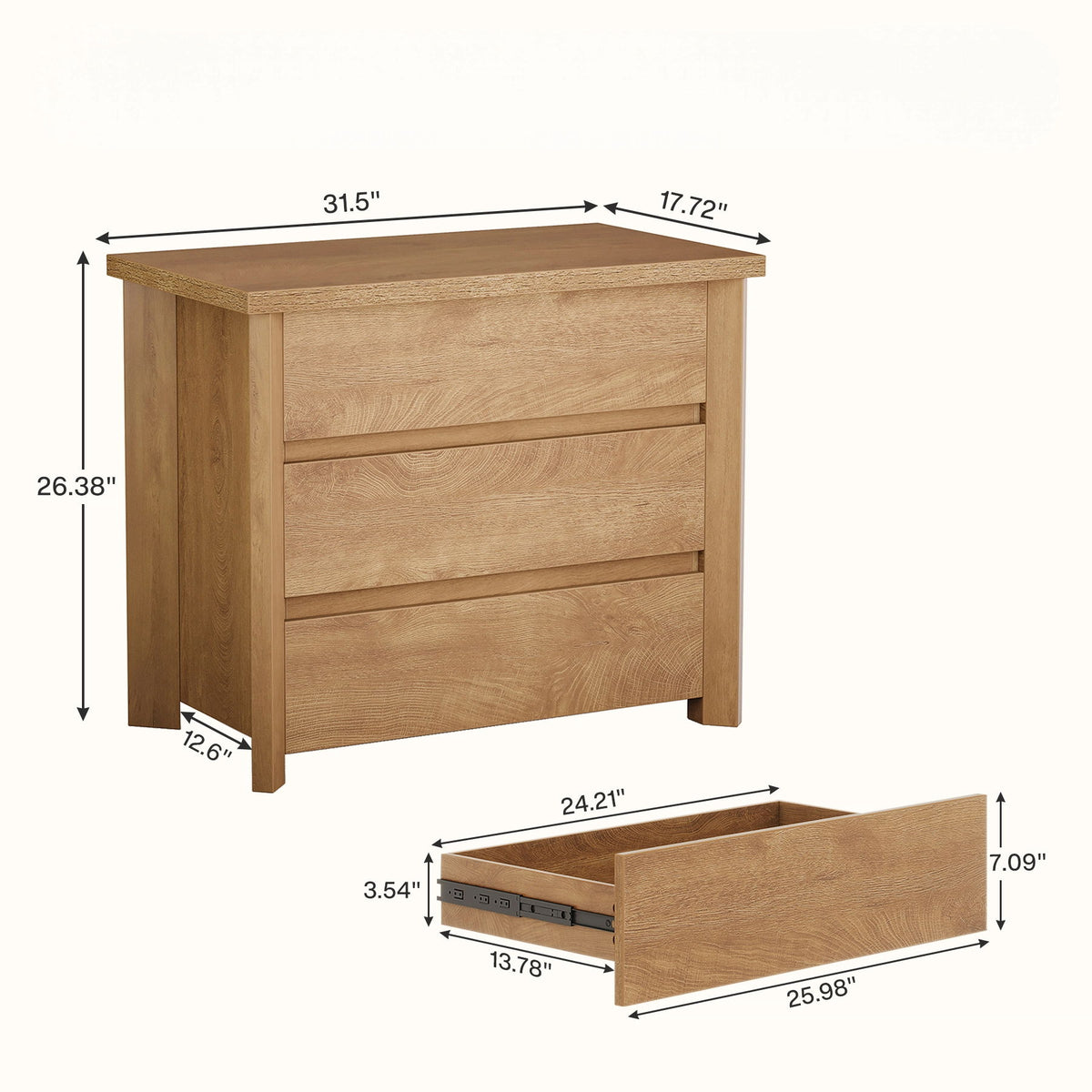 Nightstand With 3 Drawers, Bedside Table, Compact Storage - Brown