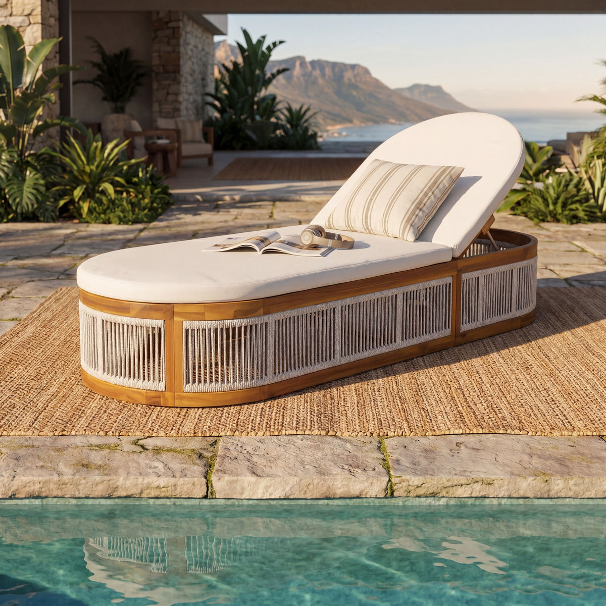 Chaise Lounge Set With 1 Frame & 1 2-Fold Cushion, 3 Position Adjustable For Patio - Cream / Light Gray / Teak