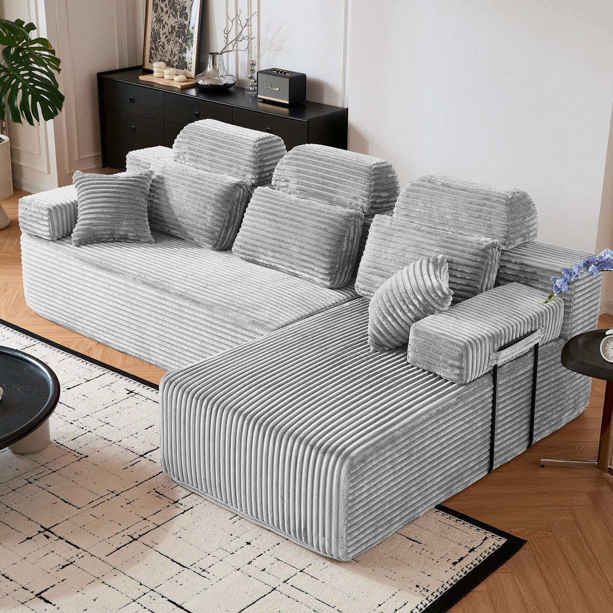 Sectional Sleeper Sofa & Storage Pockets, Modular Couch With Throw Pillows For Living Room