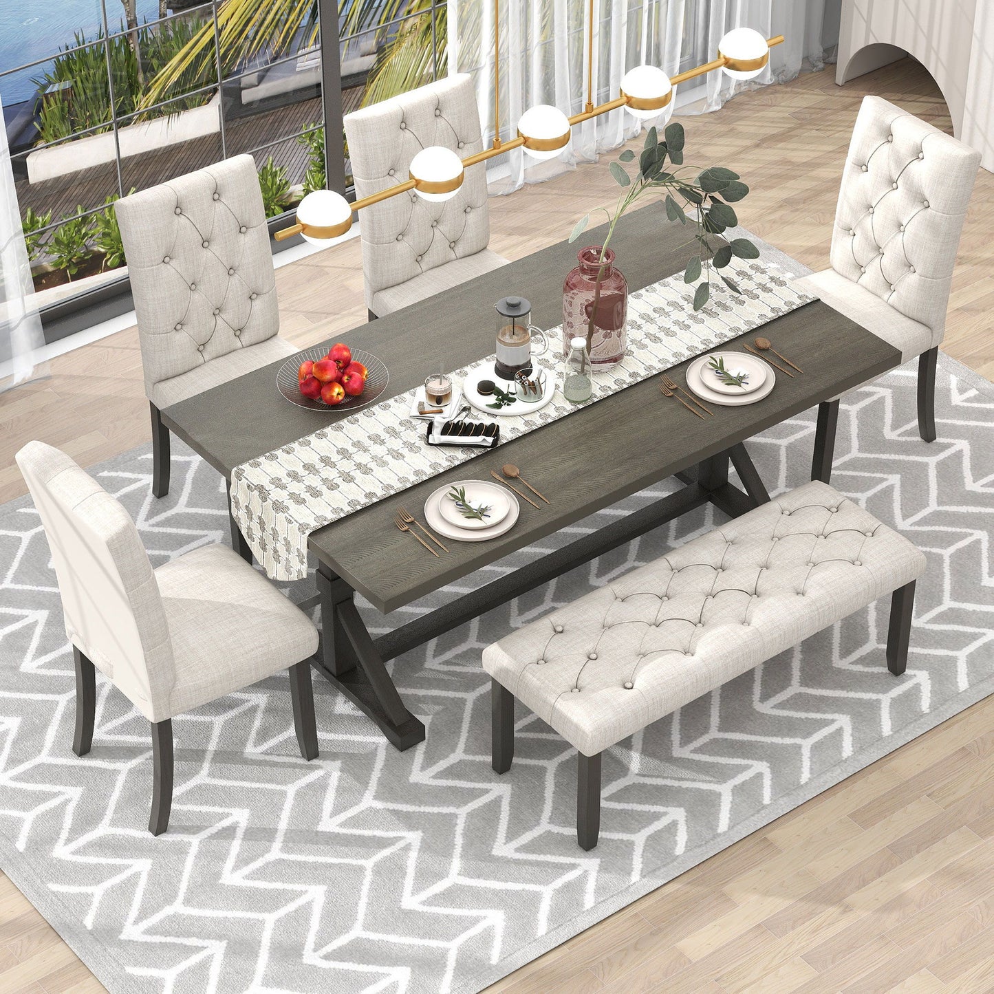 6 Piece Dining Table Set With Rectangular Wood Table, 4 Upholstered Chairs, Bench
