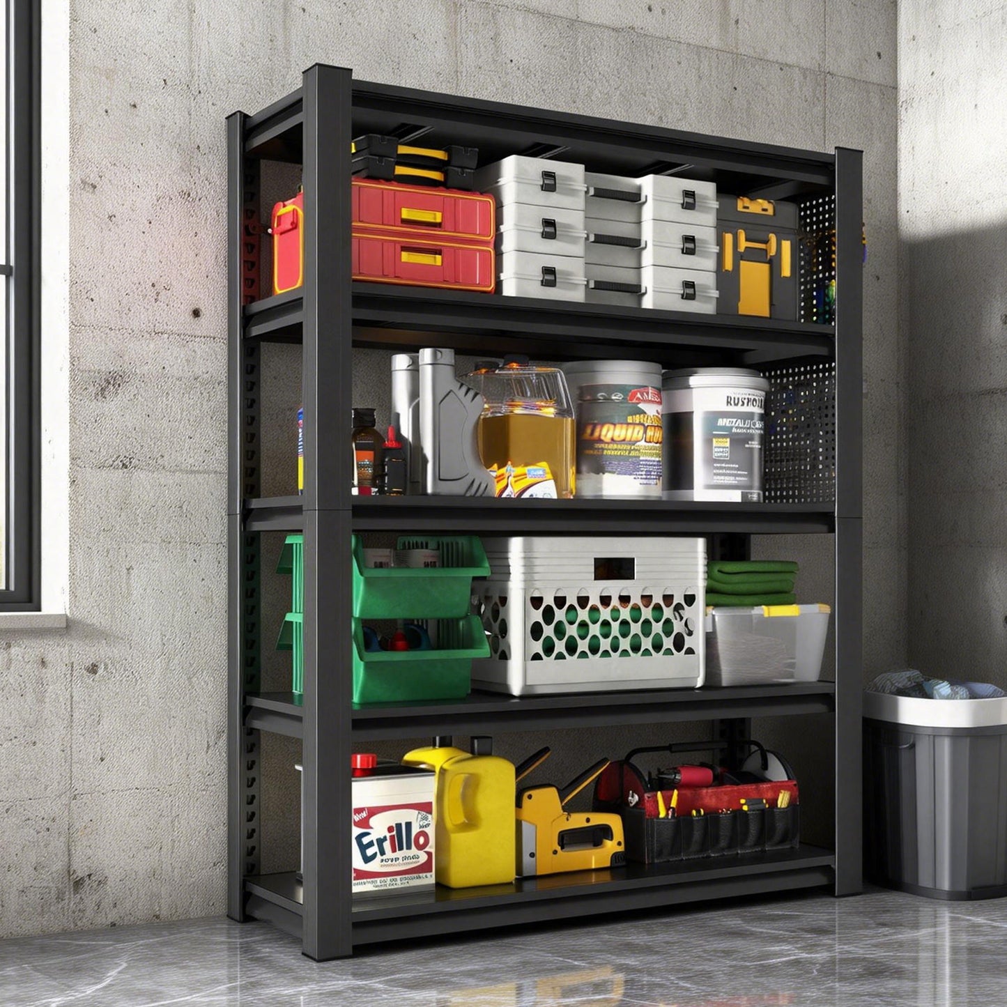 Industrial 5-Tier Adjustable Shelving Unit With Pegboard Heavy-Duty Storage