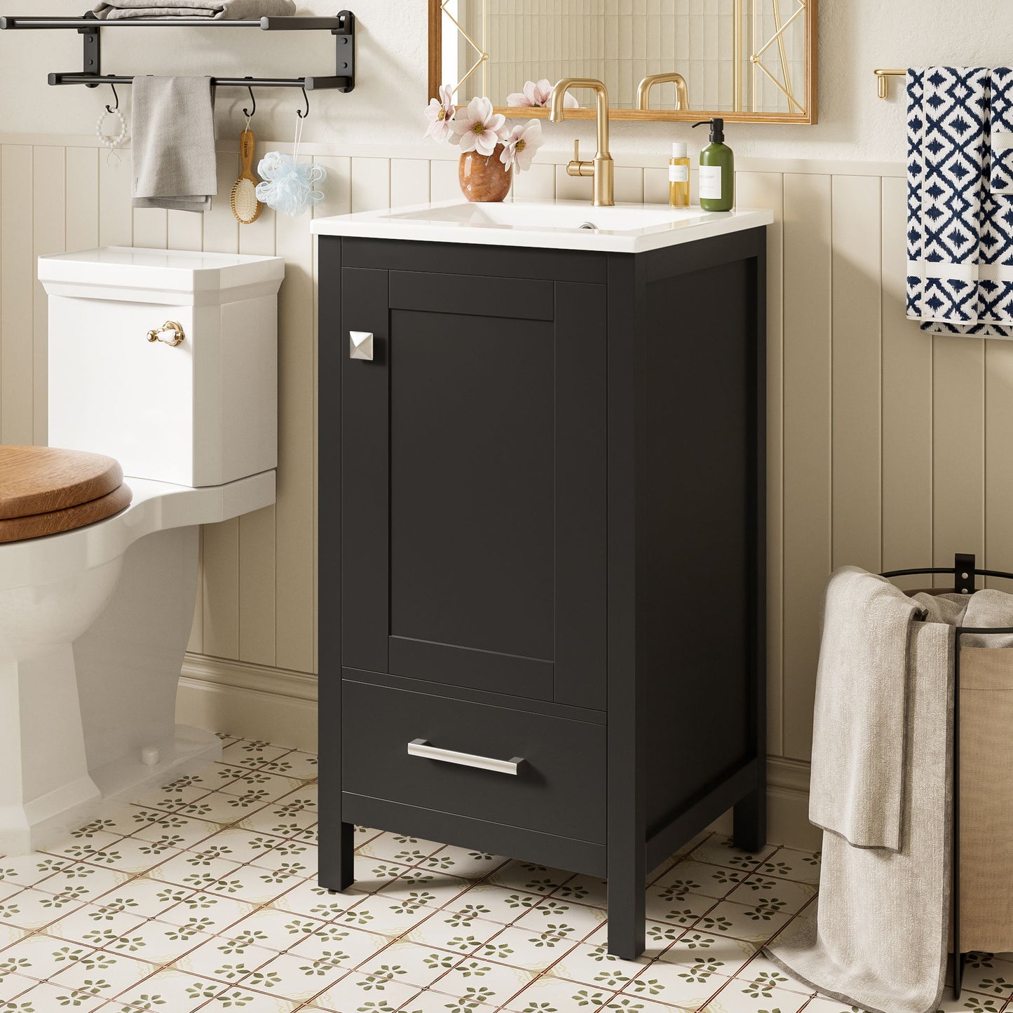 Bathroom Vanity With Ceramic Sink, Soft Close Drawers, Door Organizer, Divider Drawer, Adjustable Foot Pads