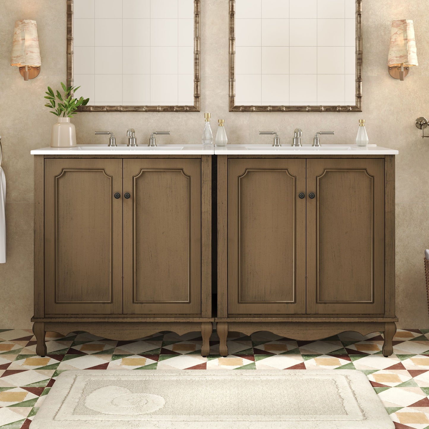 Vintage Double Sink Bathroom Vanity Set With Ceramic Sinks