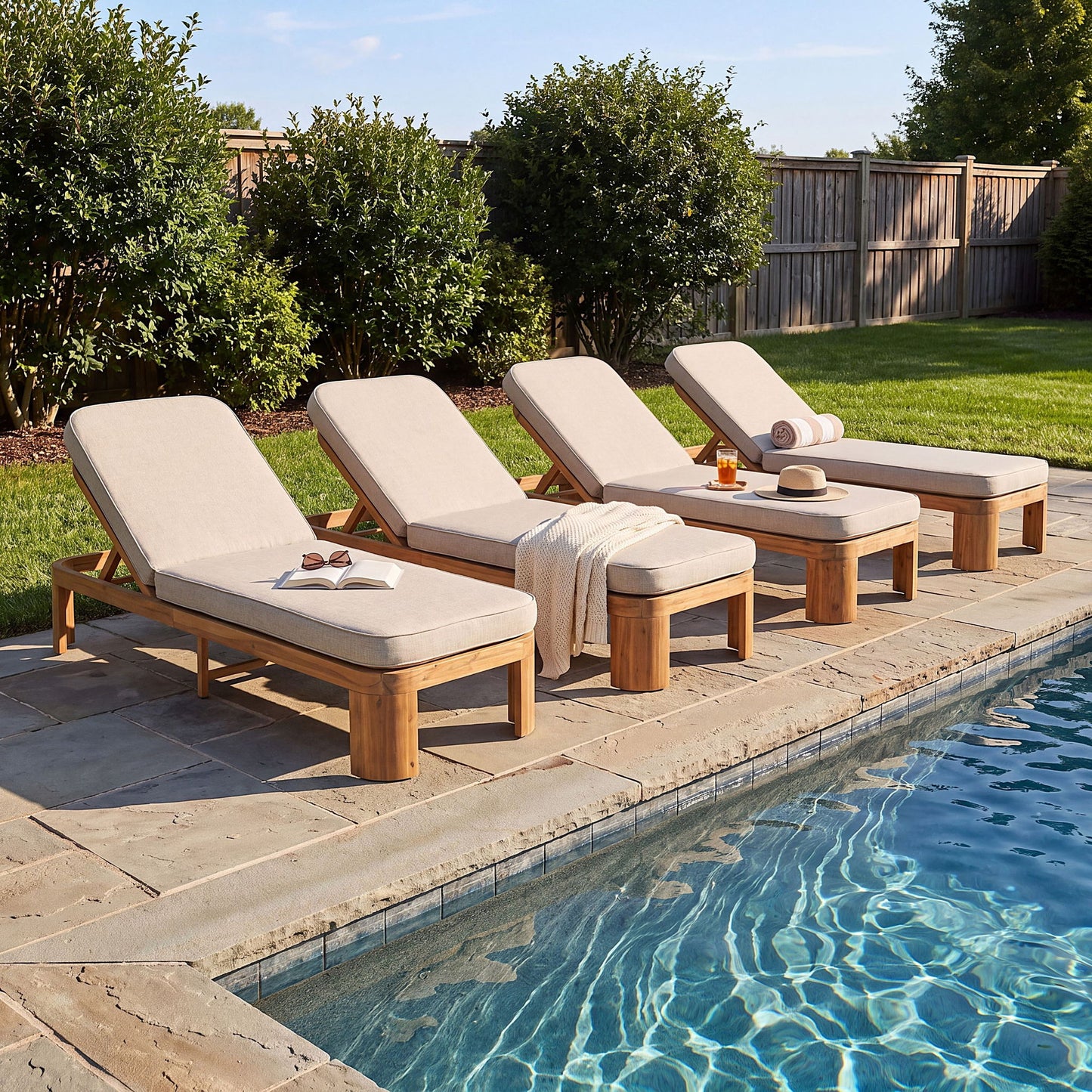 Outdoo Chaise Lounge With Cushion, 5 Position Adjustable Backrest (Set of 4) - Beige / Teak