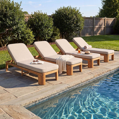 Outdoo Chaise Lounge With Cushion, 5 Position Adjustable Backrest (Set of 4) - Beige / Teak