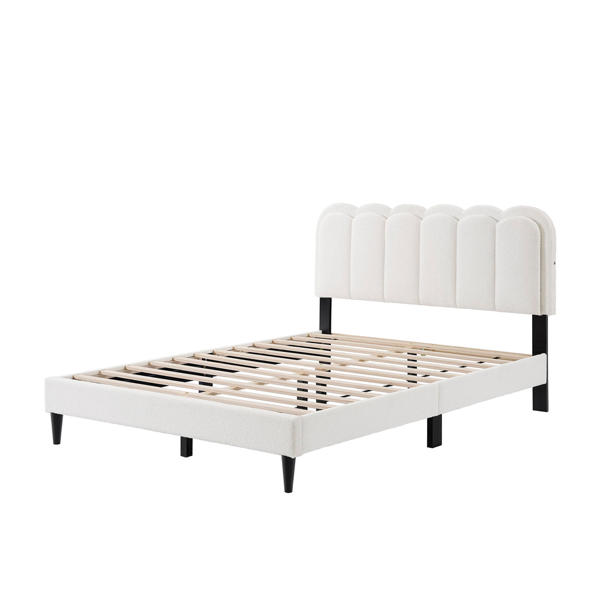 Queen Size Lambswool Petal Headboard Bed Frame With Ambient Light - White