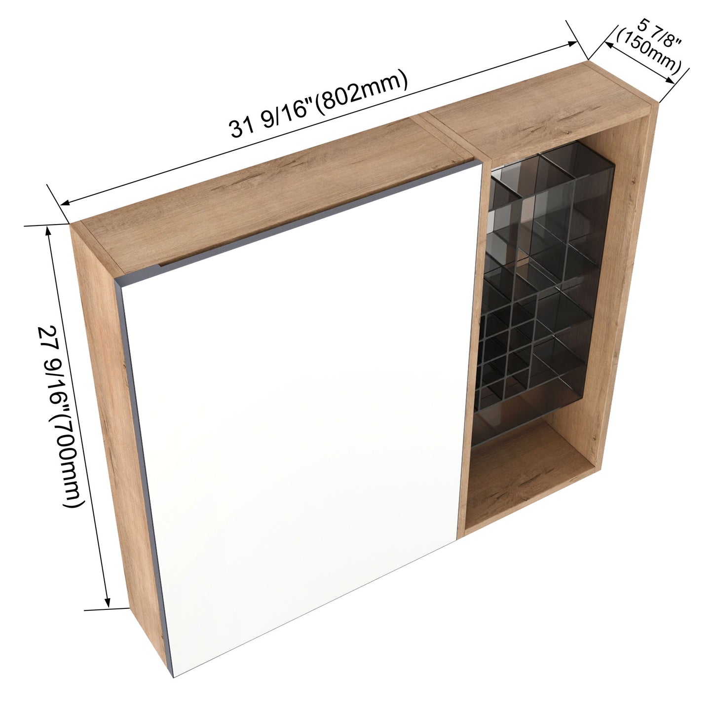 Wall Mounted Bathroom Mirror Cabinet With Adjustable Shelves - Imitative Oak