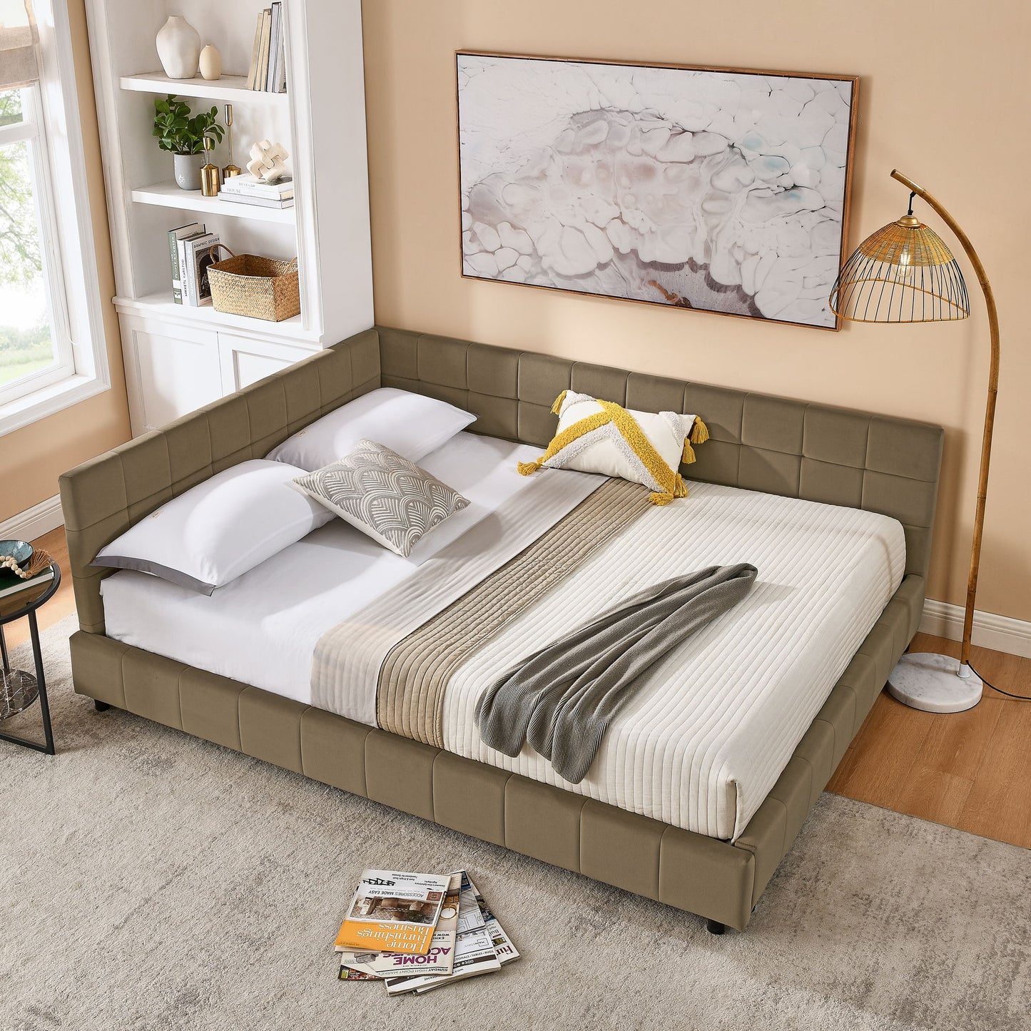 Mid-Century Storage Upholstered Tufted Bed Frame With Backrest And Armrests