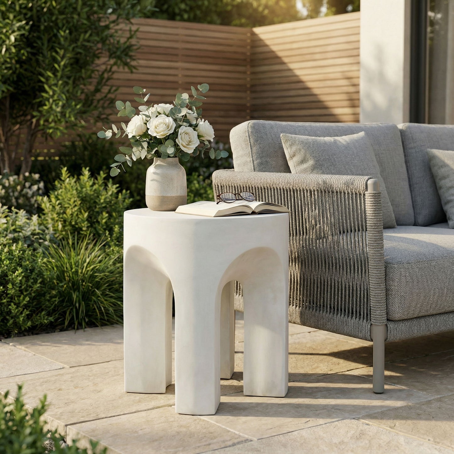 Outdoor Round Top Side Table / End Table, Living Room Accent Table - Antique White